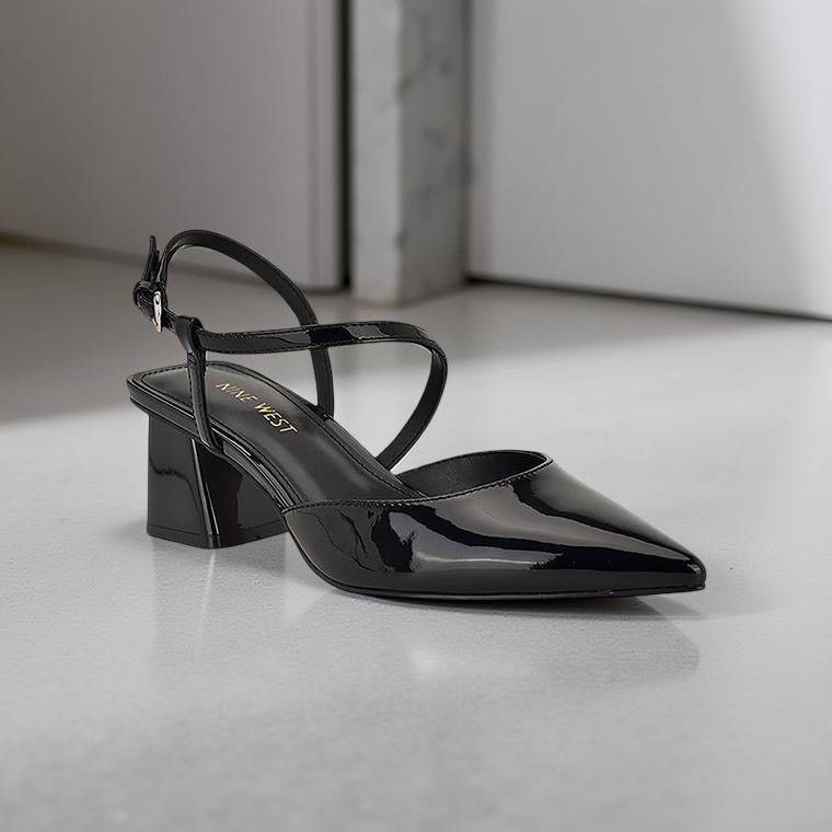 Nine West Patent Leather Pointed Toe Slingback Block Heel in Black