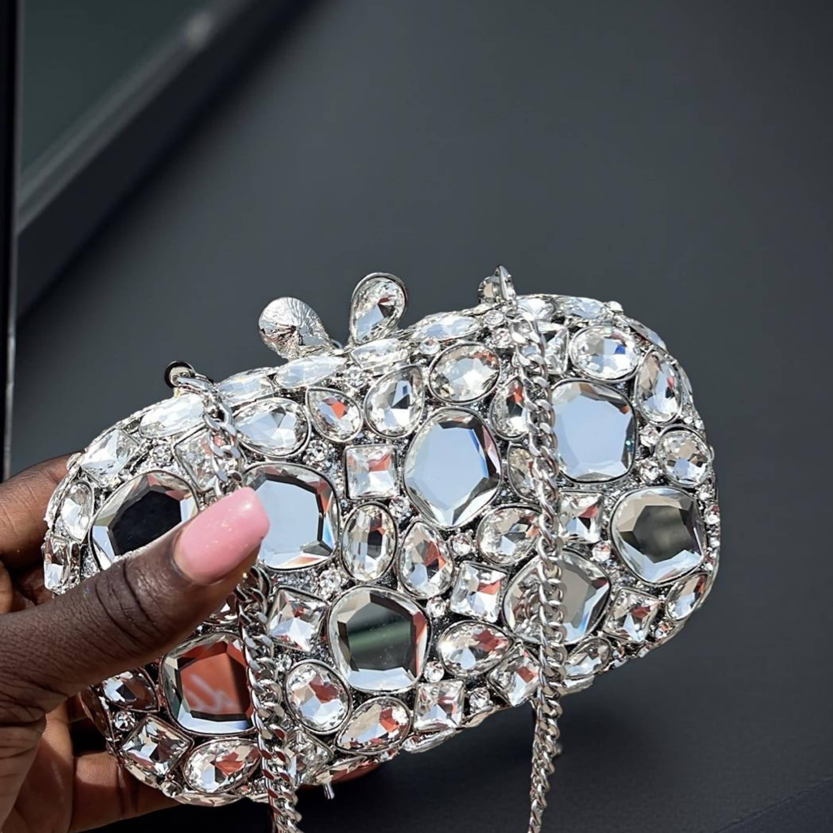 Tulum Sparkle Clutch Silver Rhinestone Evening Bag with Chain Strap