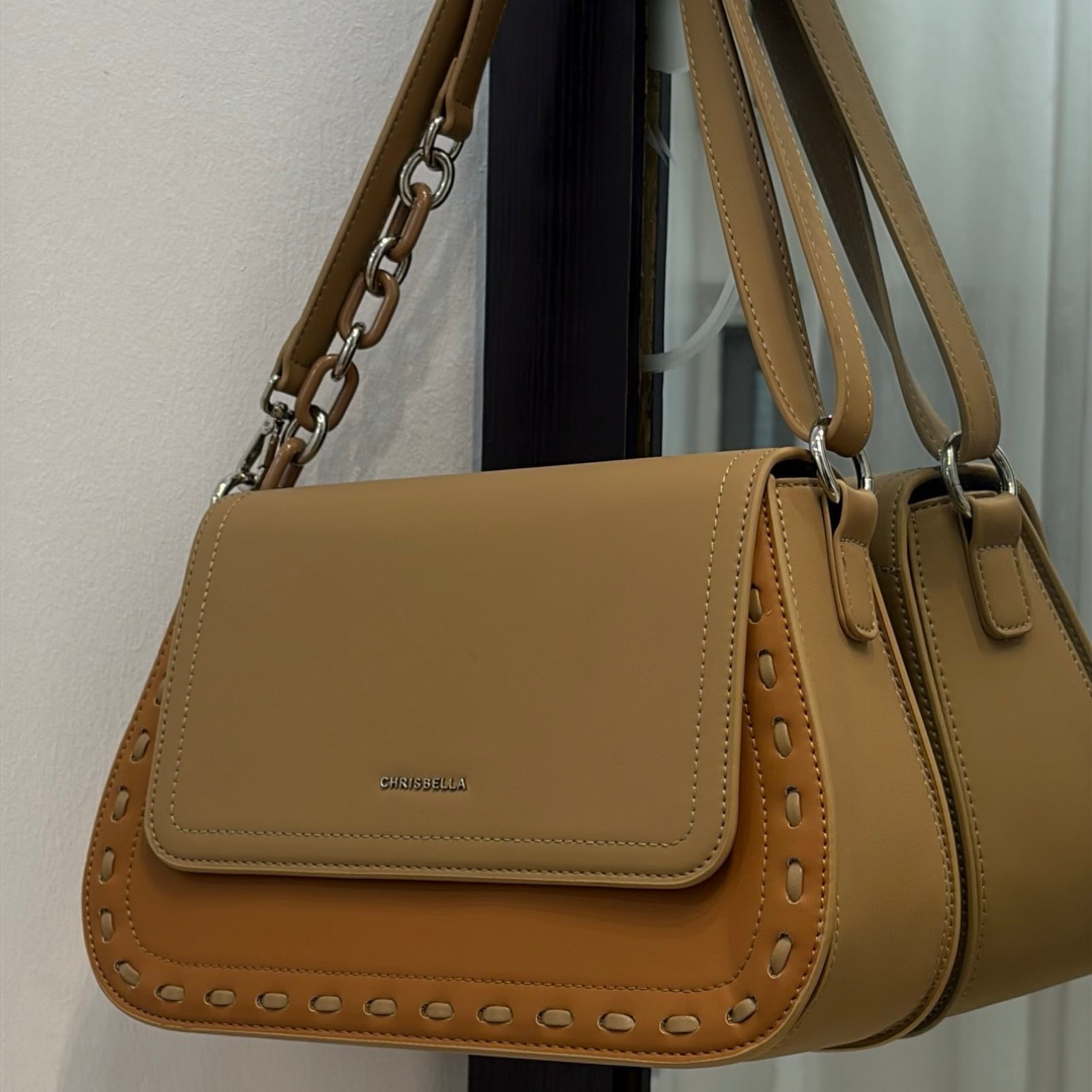 Chrisbella Flap Closure Structured Bag in Beige