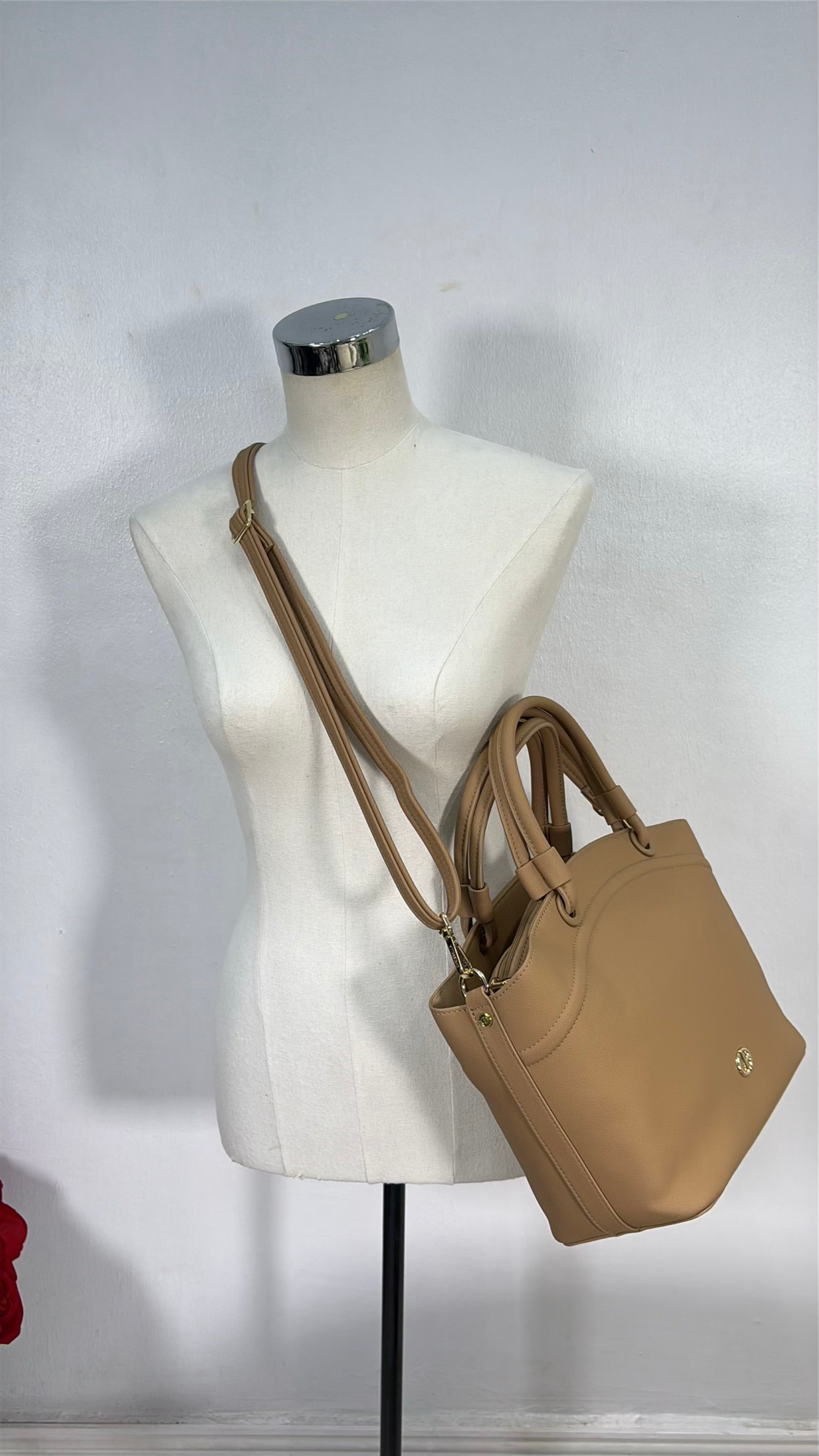 Chrisbella Triple Compartment Double Handle Bag in Beige