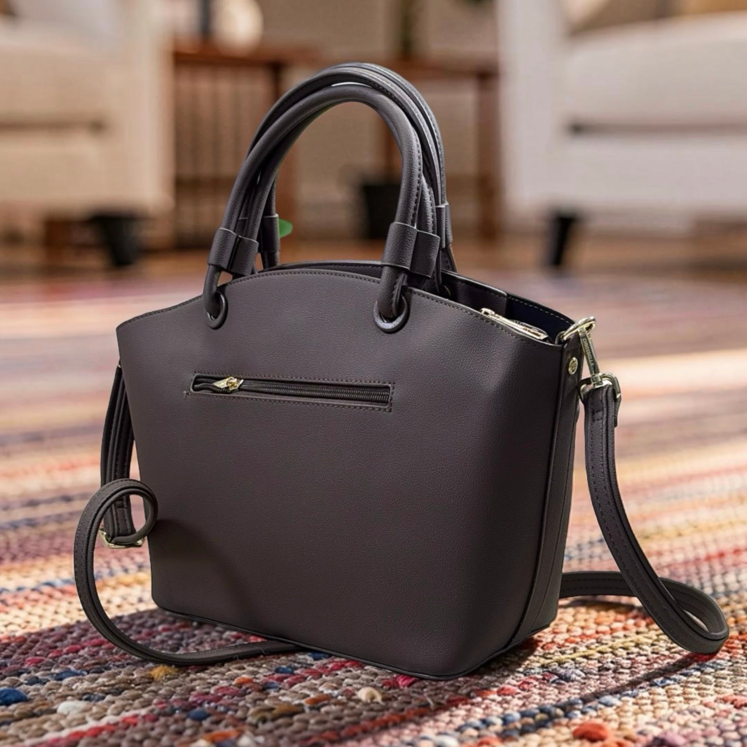 Chrisbella Triple Compartment Double Handle Bag in Coffee