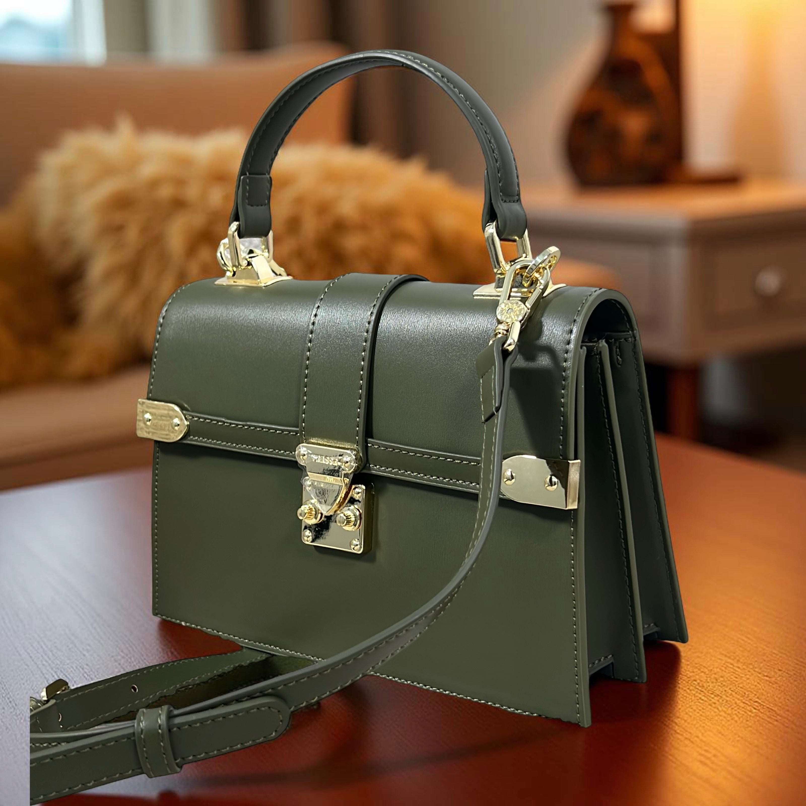 Versse Structured Top Handle Mini Bag in Wine in Green