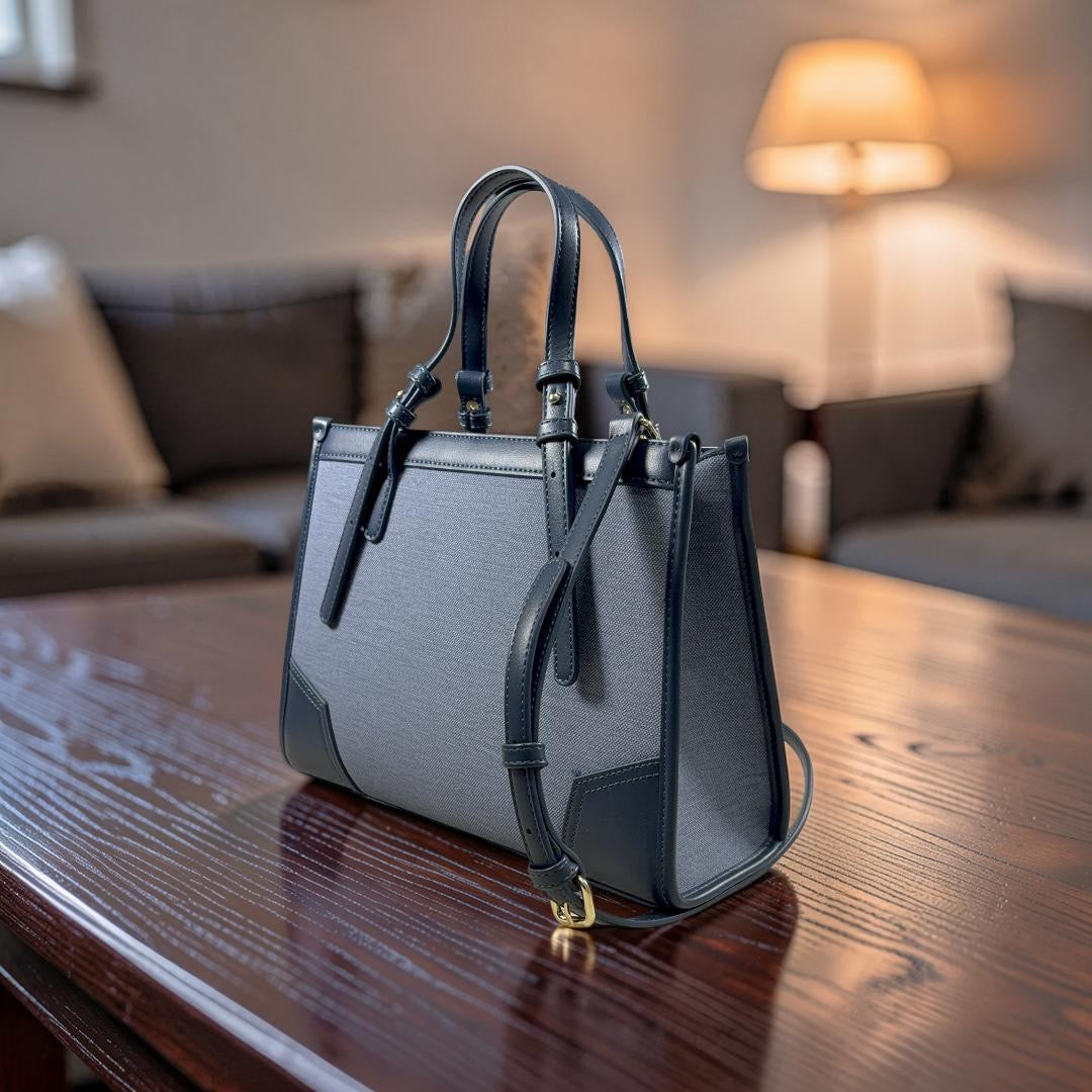 Chrisbella Double Top Handle Leather Tapping Bag in Navy