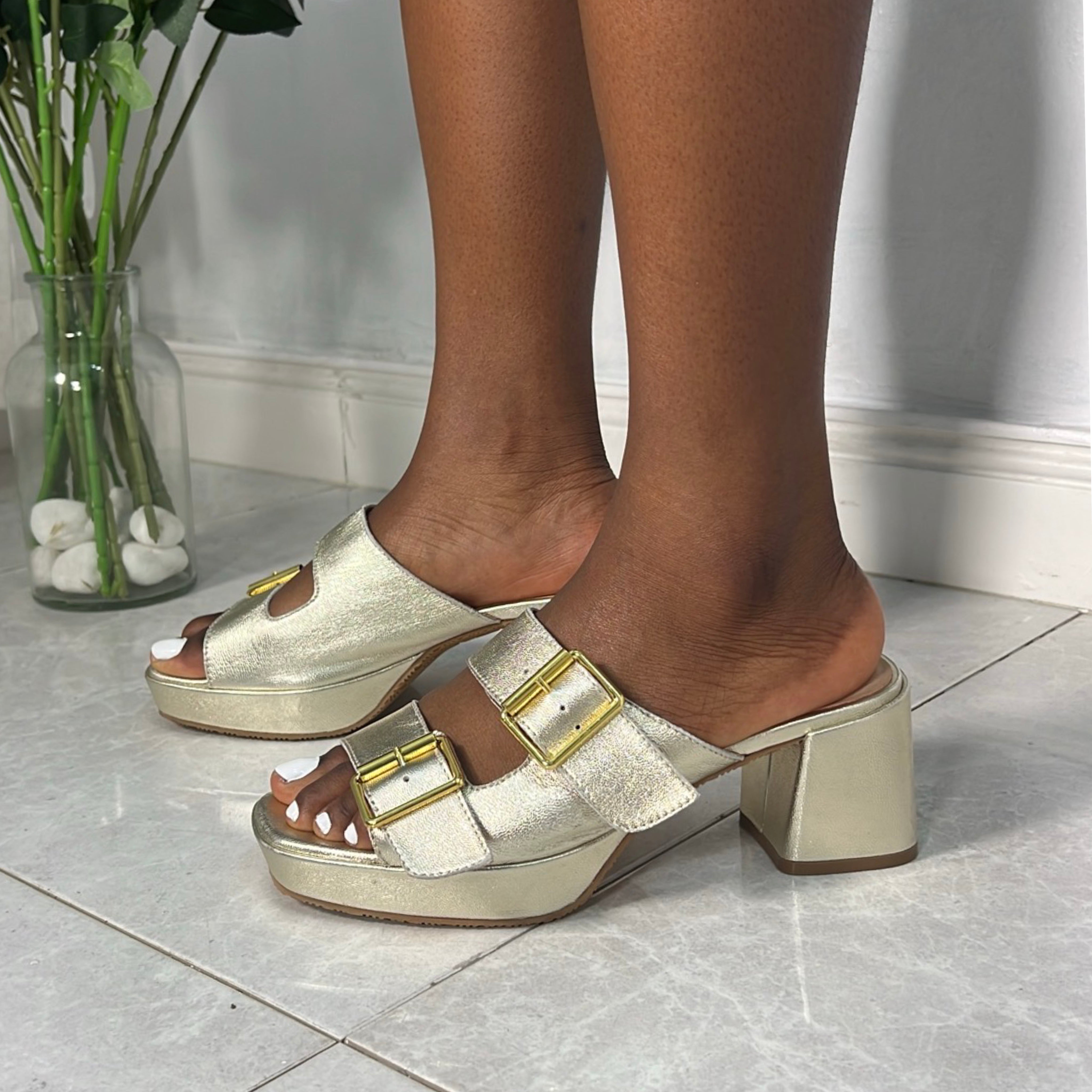 Wydr Double Buckle Platform Block Heel Mule in Gold