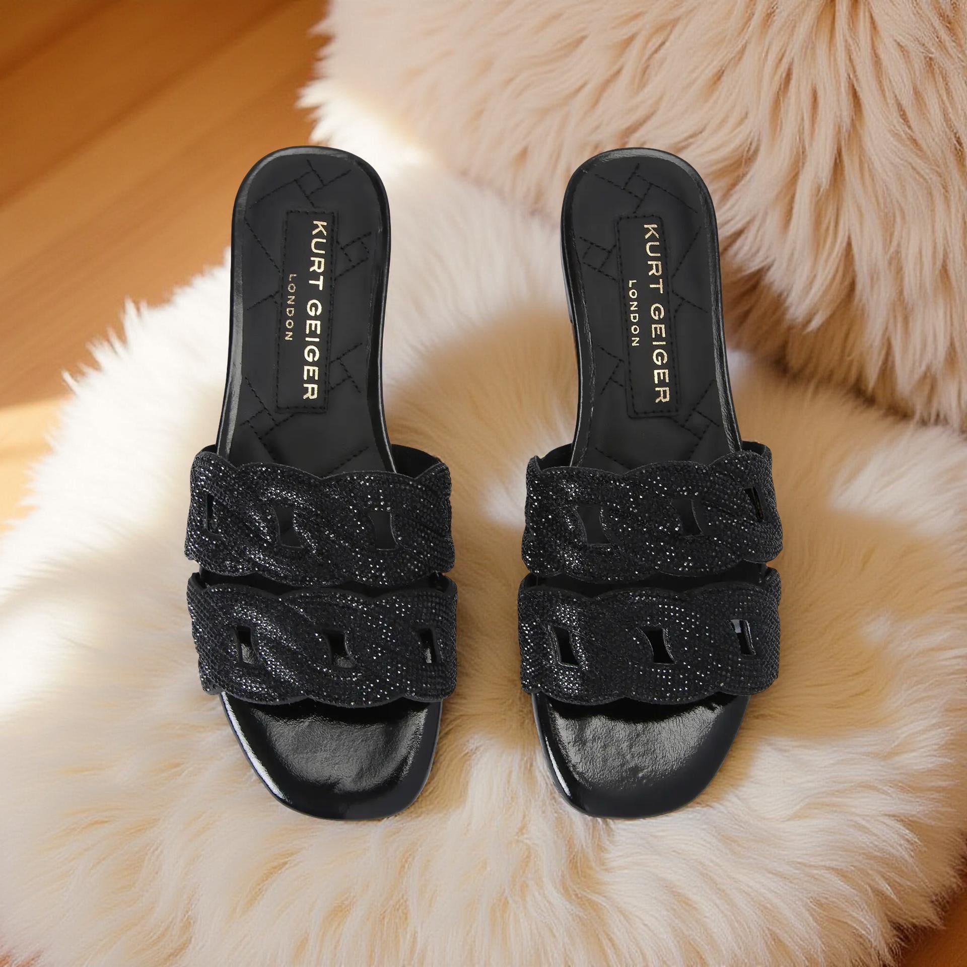 Kurt Geiger Crystal Chain Flat Sandal in Black