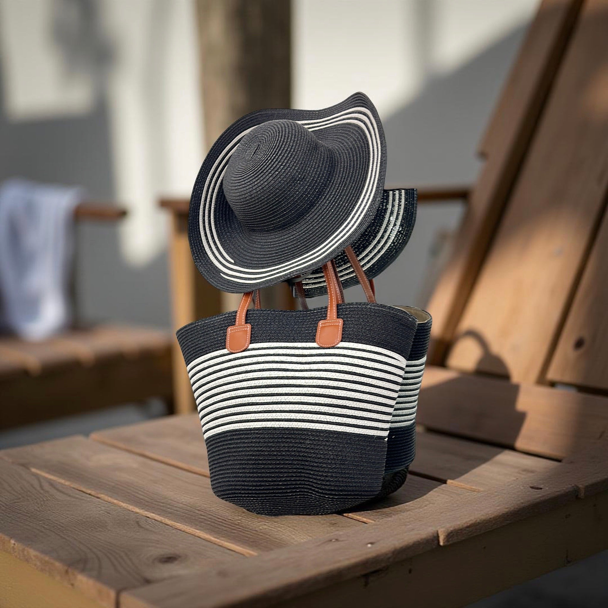 Beach Bag with Matching Hat in Black