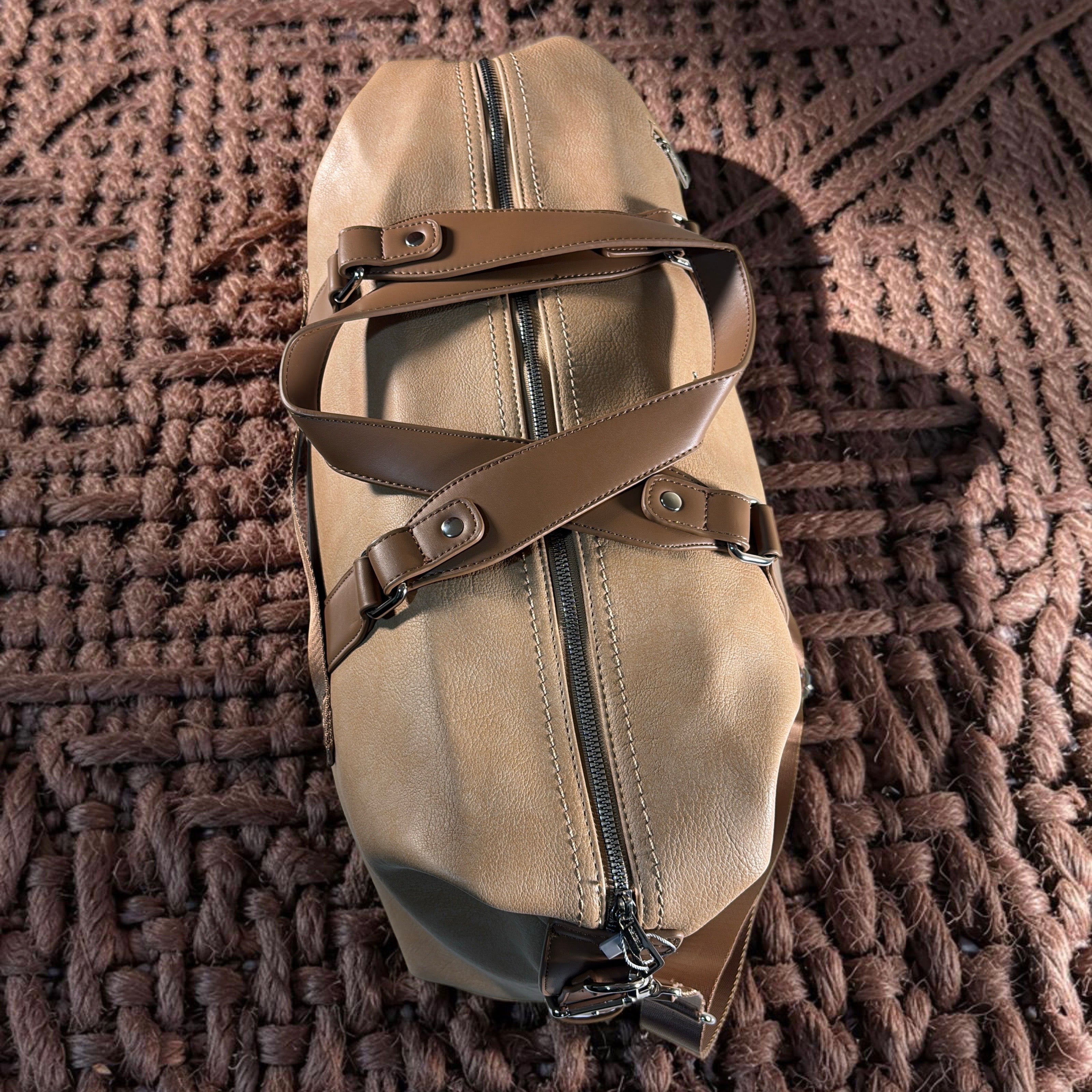 Chrisbella Leather Zip Design Travel Bag in Khaki