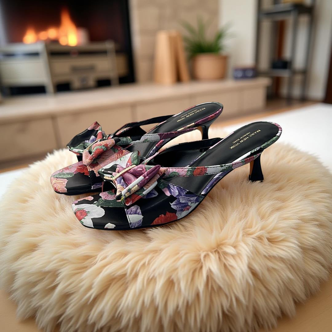 Andrew Marc Floral Leather Bow Detail Mule in Multi