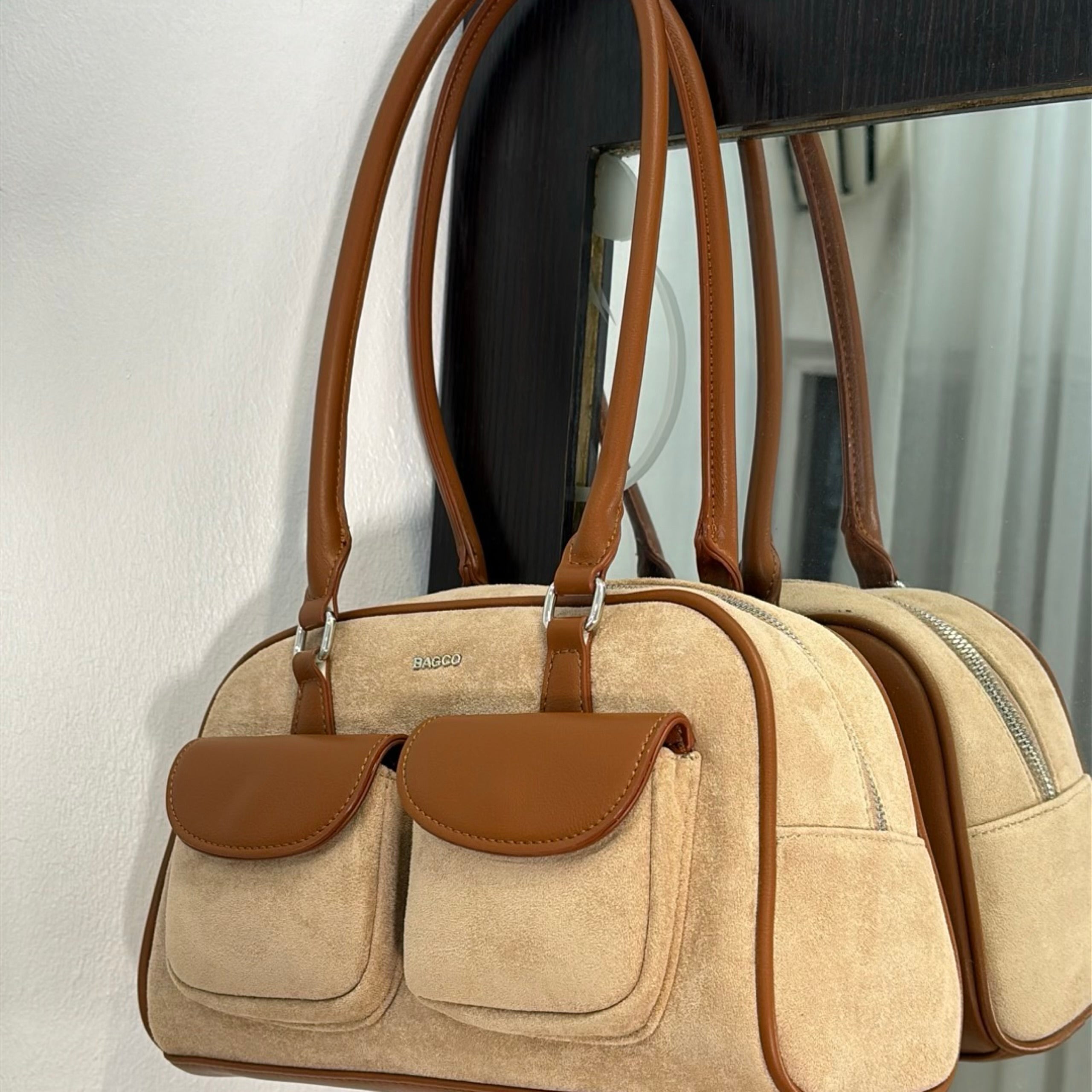 Bagco Pocket Detail Suede Bag in Brown/Beige