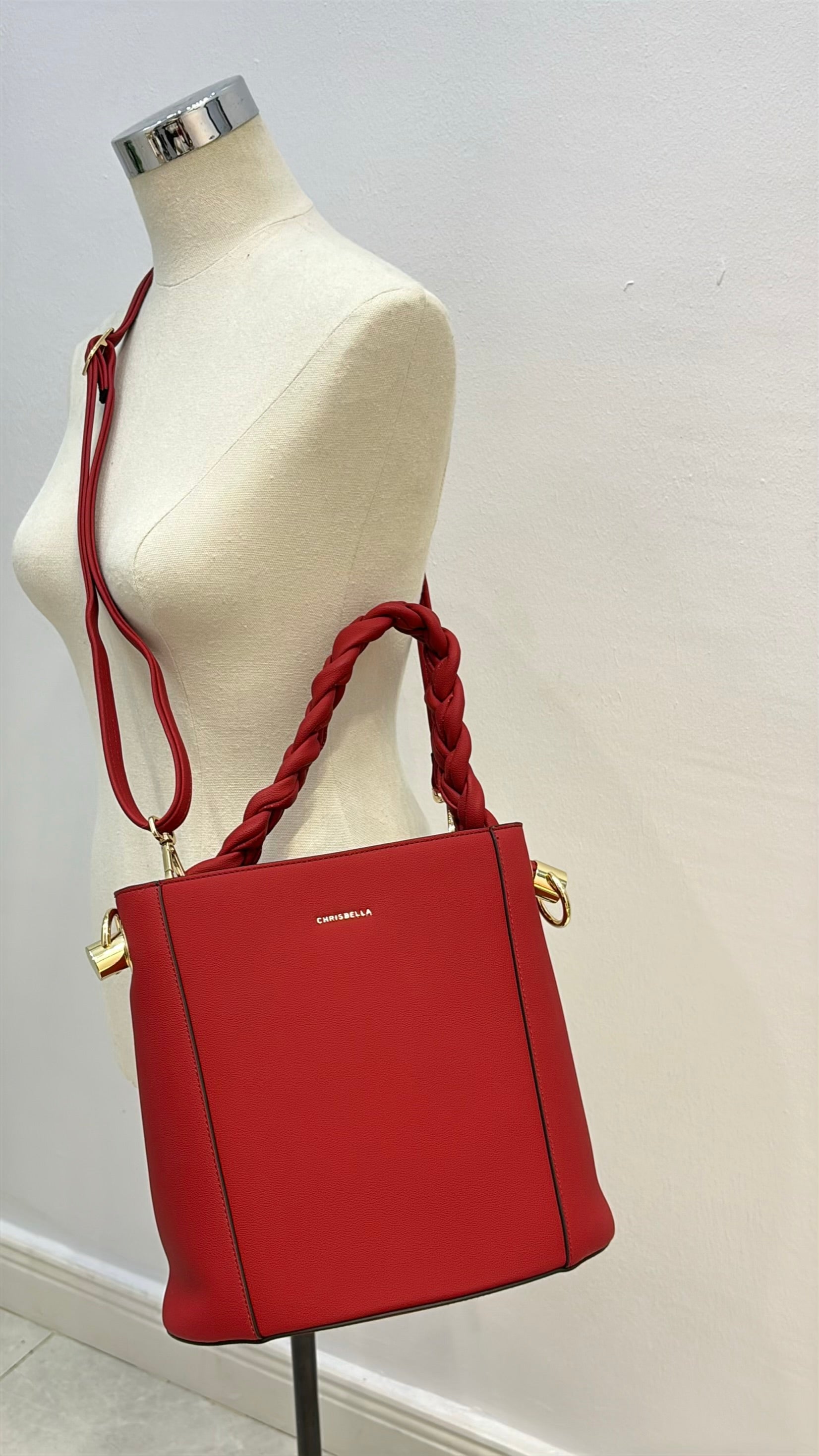 Chrisbella Drawstring Bucket Bag in Red