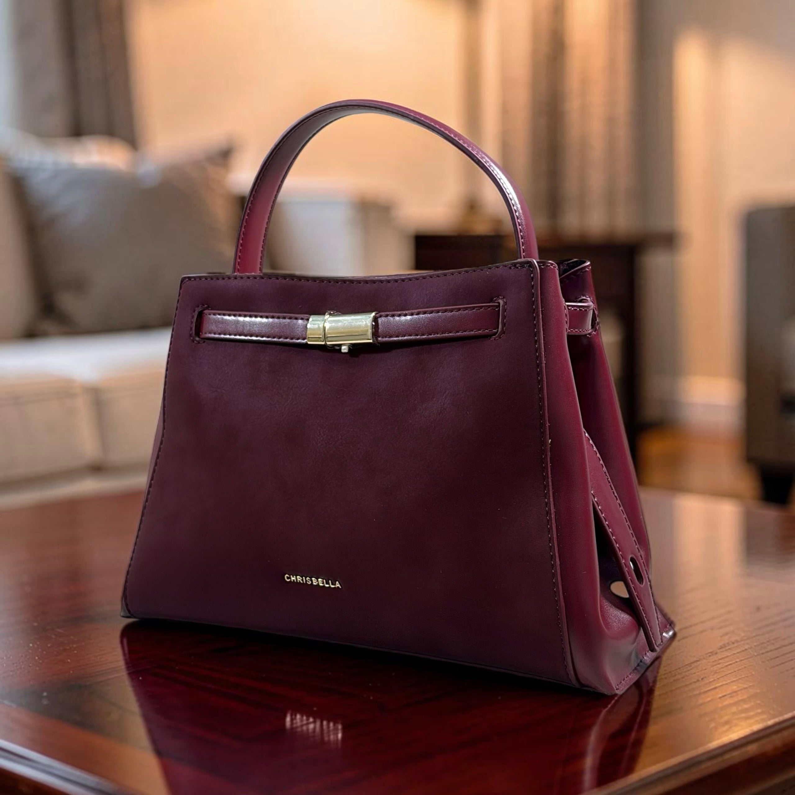 Chrisbella Top Handle Contrast Leather Bag in Burgundy