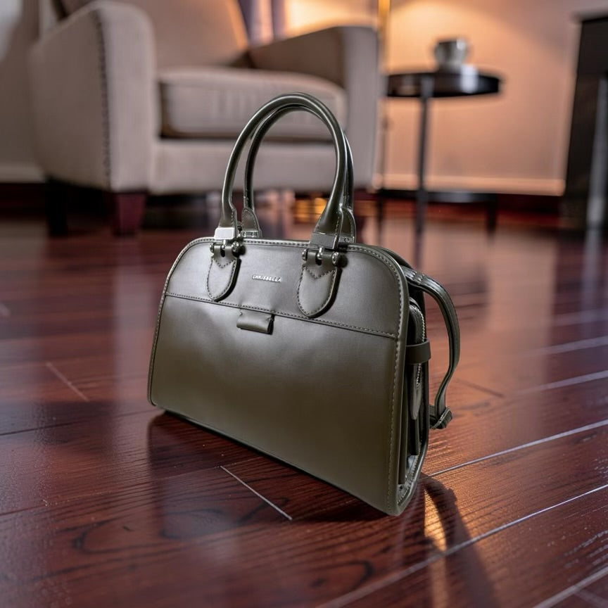 Chrisbella Double Handle Leather Bag in Army Green