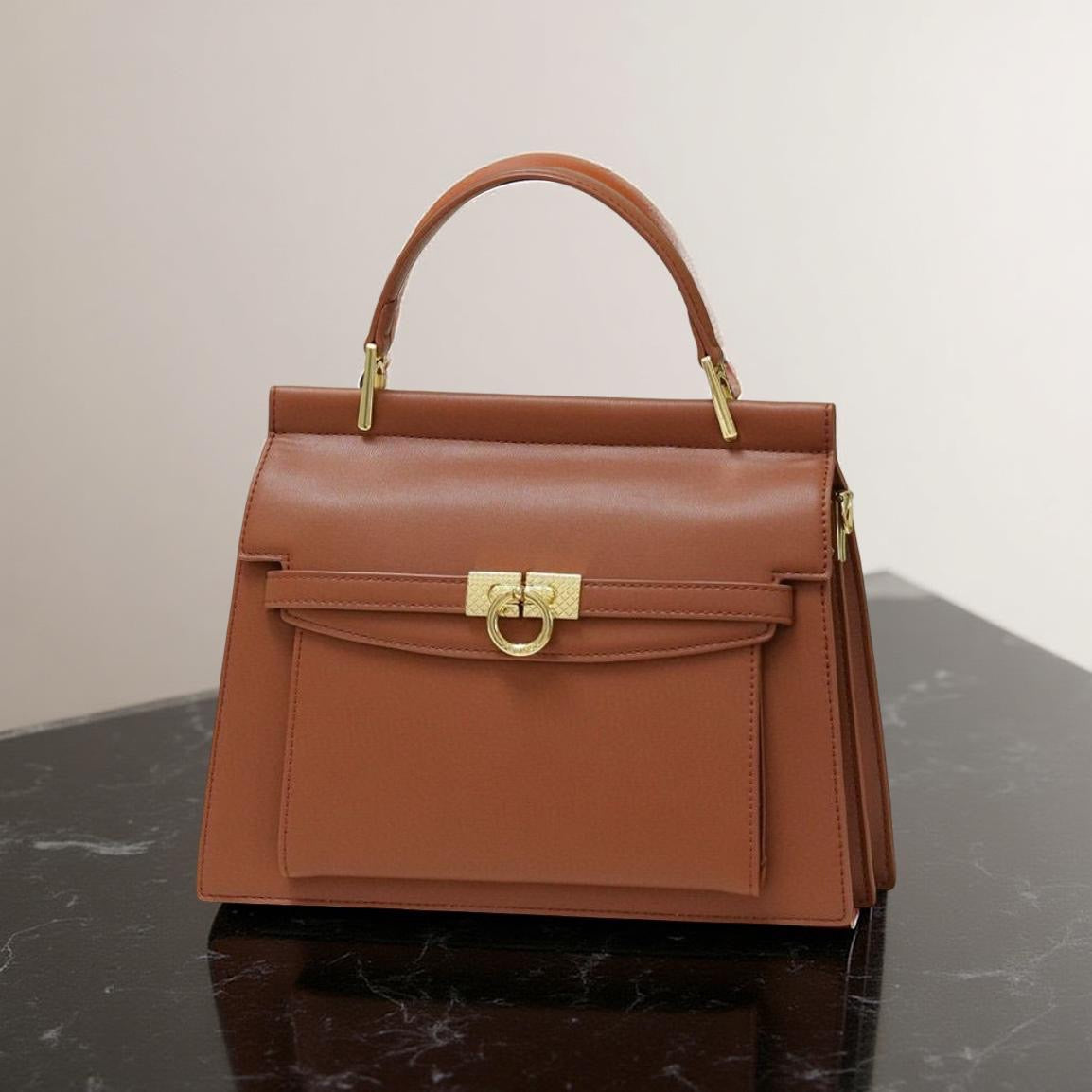 Versse Ring Detail Top Handle Leather Bag in Brown