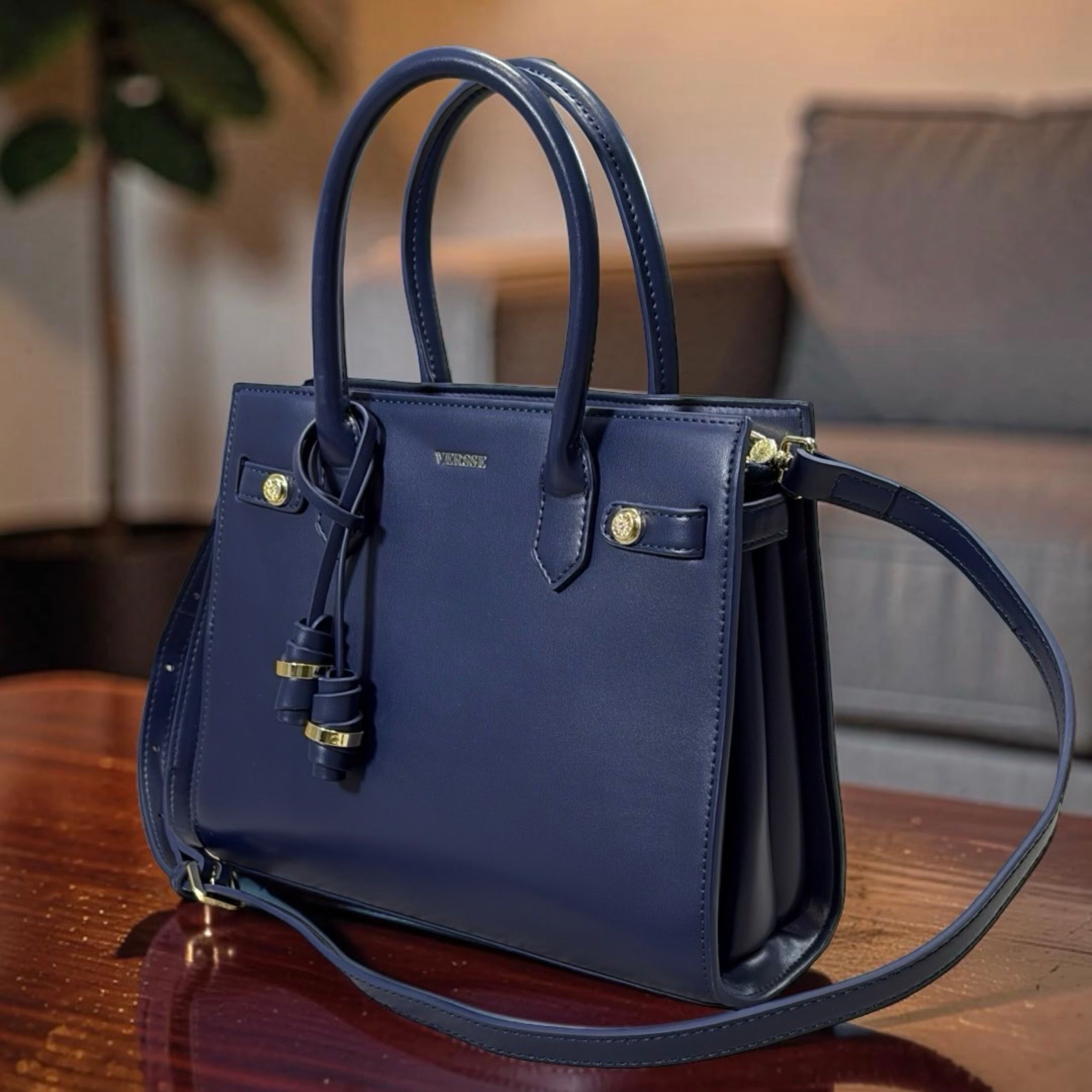 Versse Tassel Detail Structured Double Handle Bag in Navy