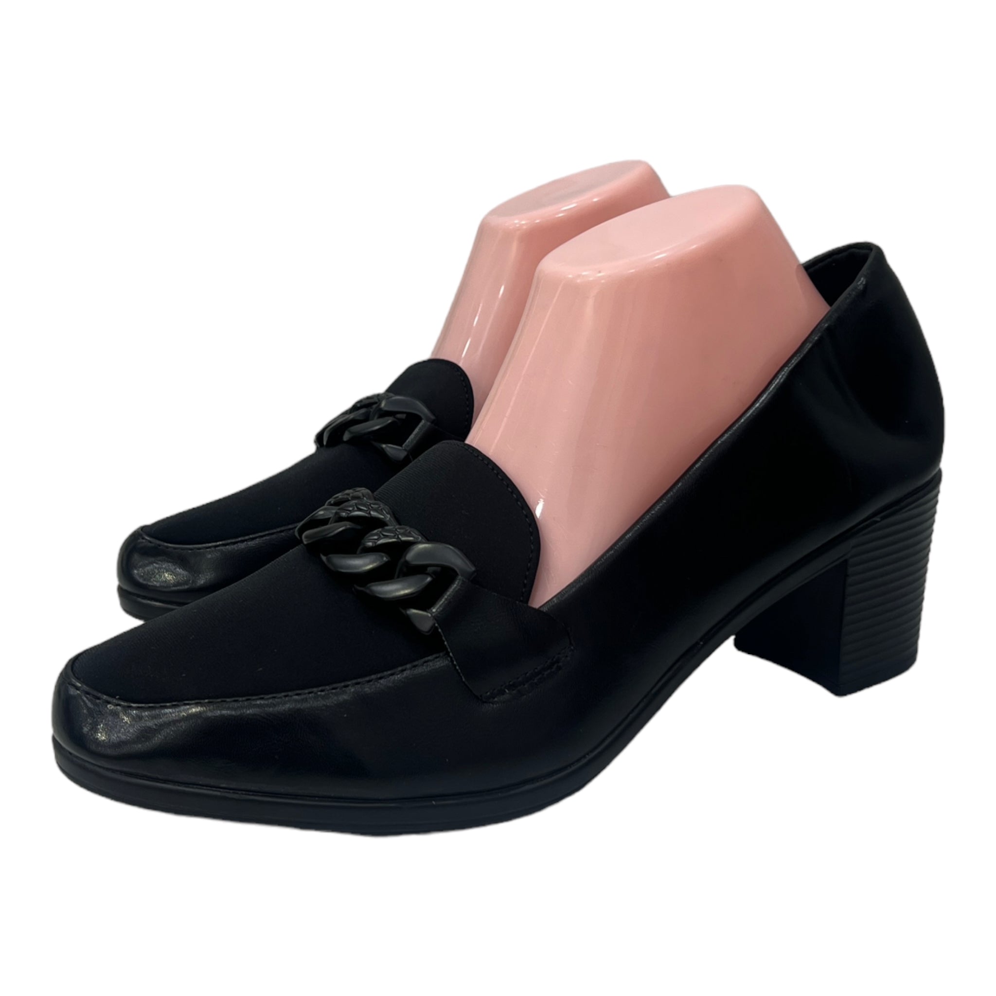 MODA BLACK FAUX CHAIN DETAIL HEELED LOAFERS