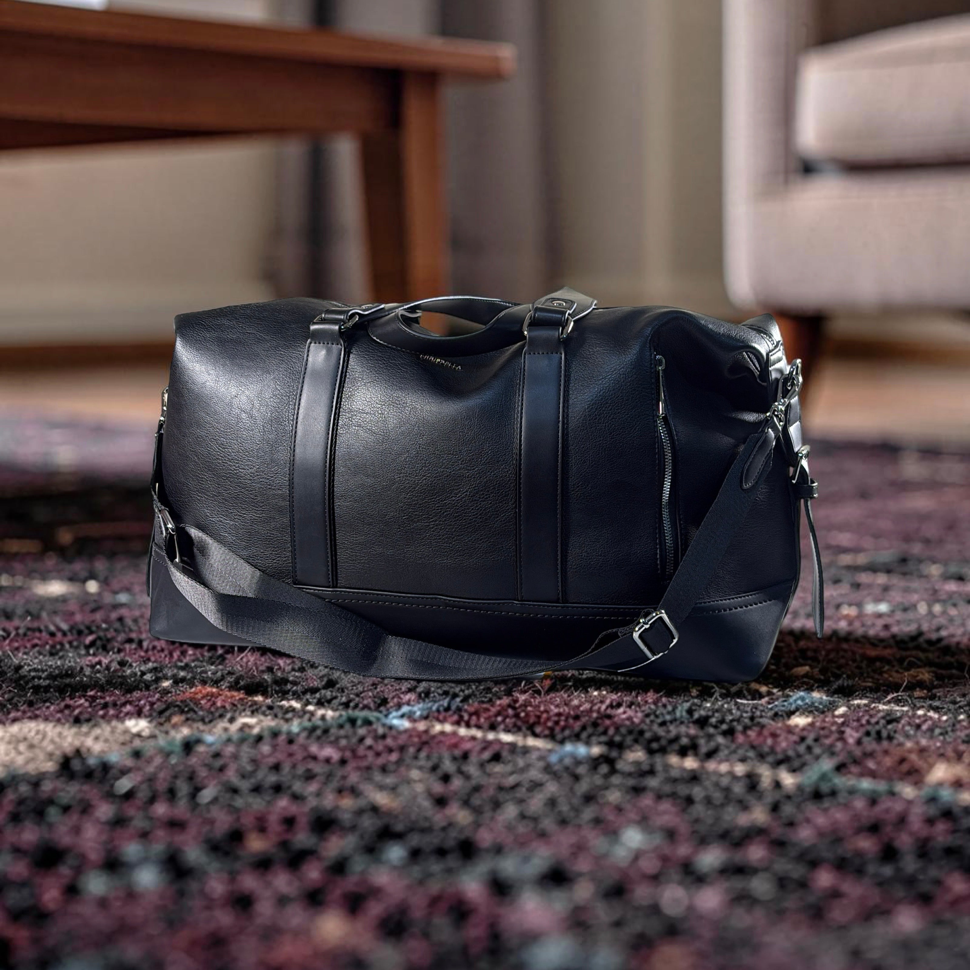 Chrisbella Leather Zip Design Travel Bag in Black
