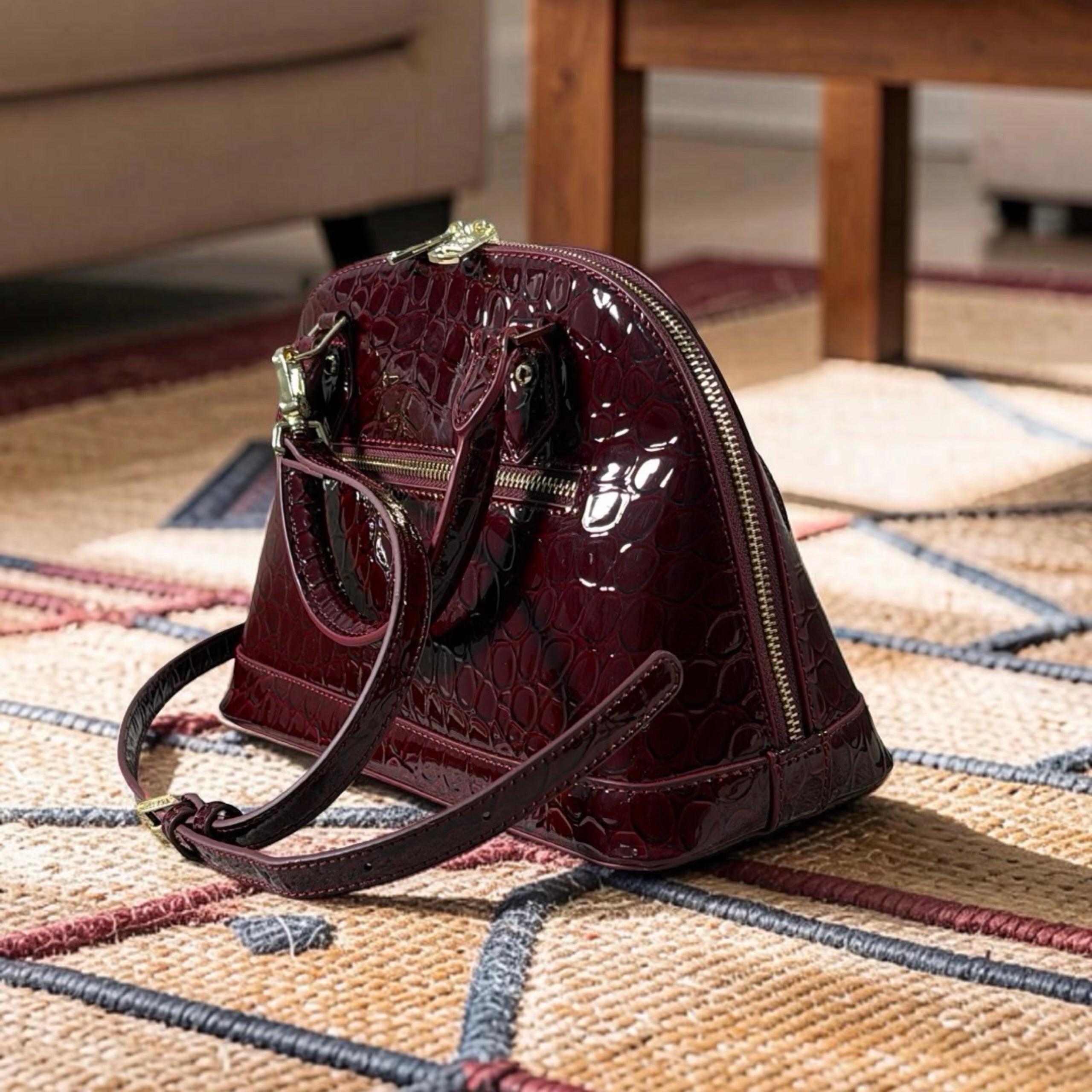 Versse Faux Croc Patent Leather Bag in Burgundy