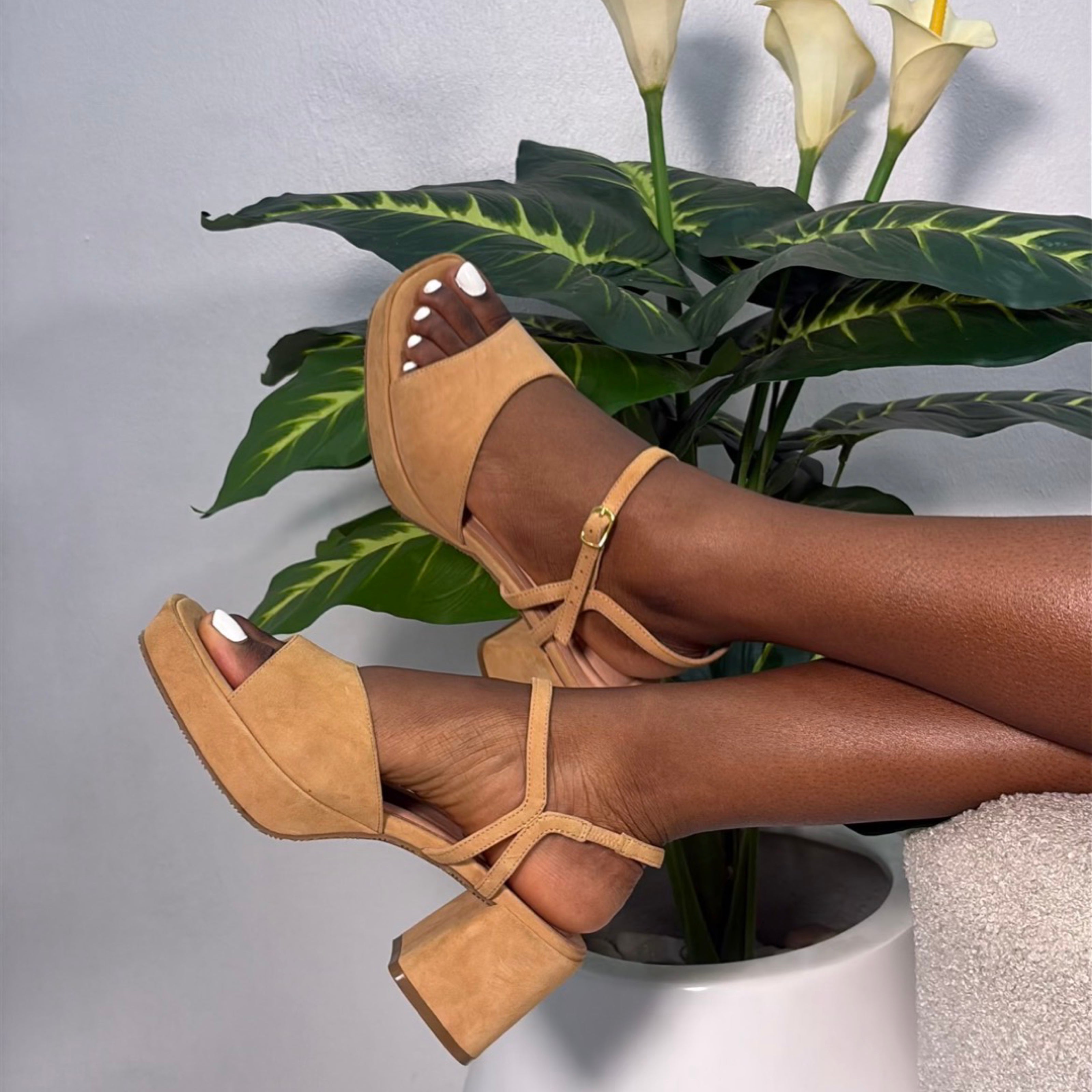 Wydr Studios Suede Block Heel Sandal in Tan