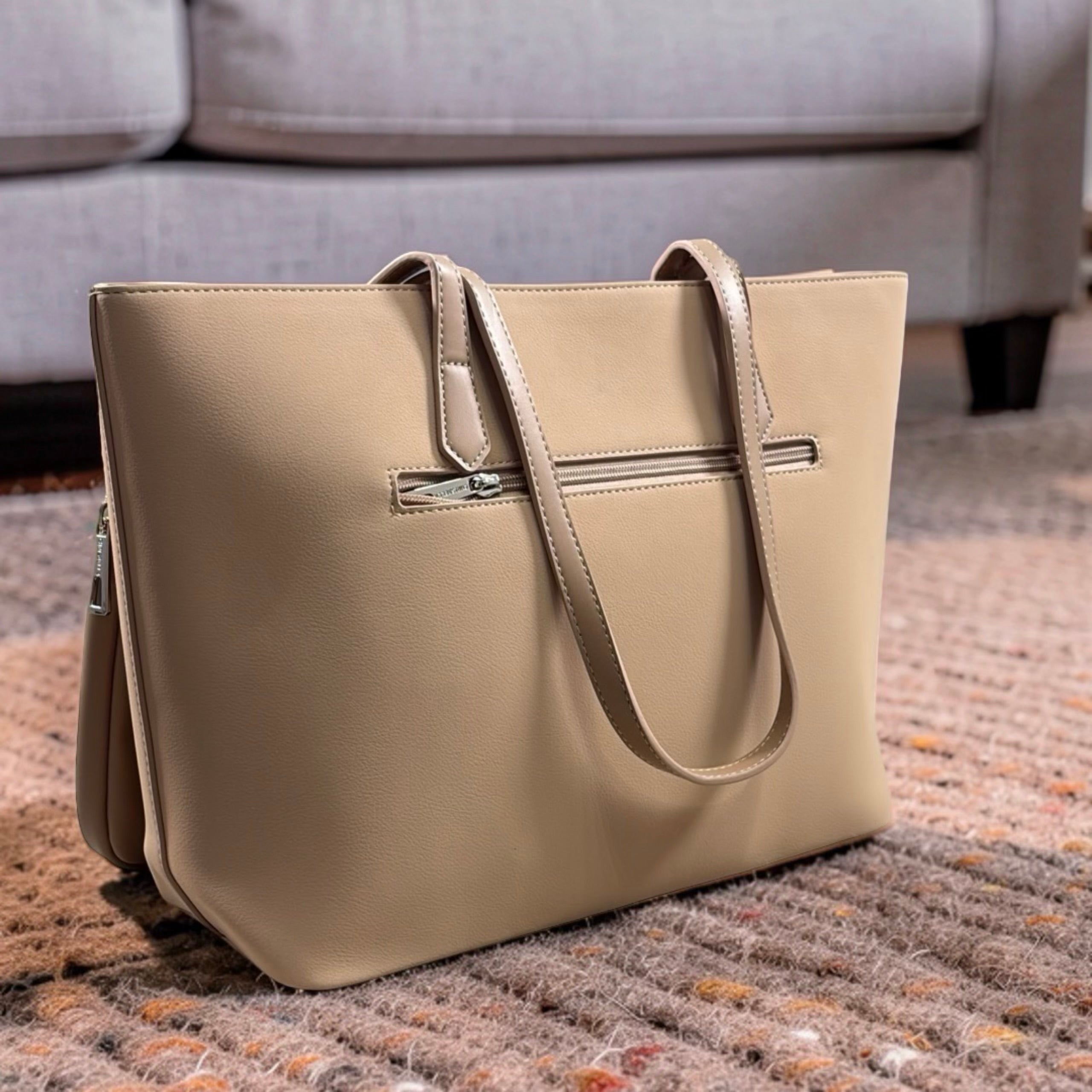 Chrisbella Large Leather Sunglasses Charm Detail Bag in Beige