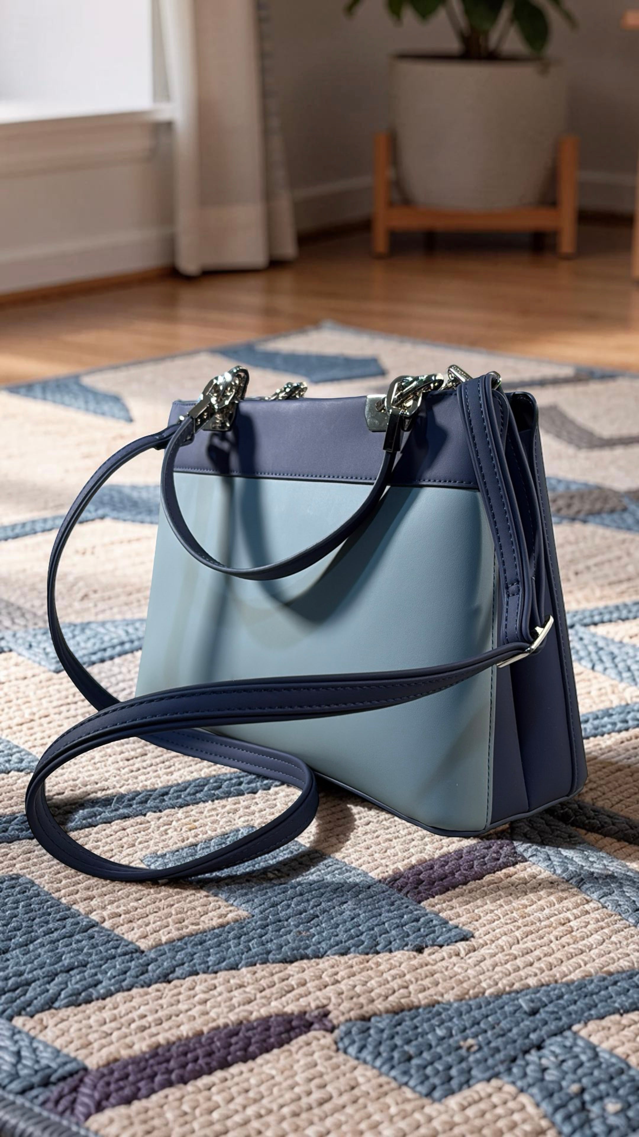 Chrisbella Metal Detail Double Handle 2-in-1 Bag in Navy