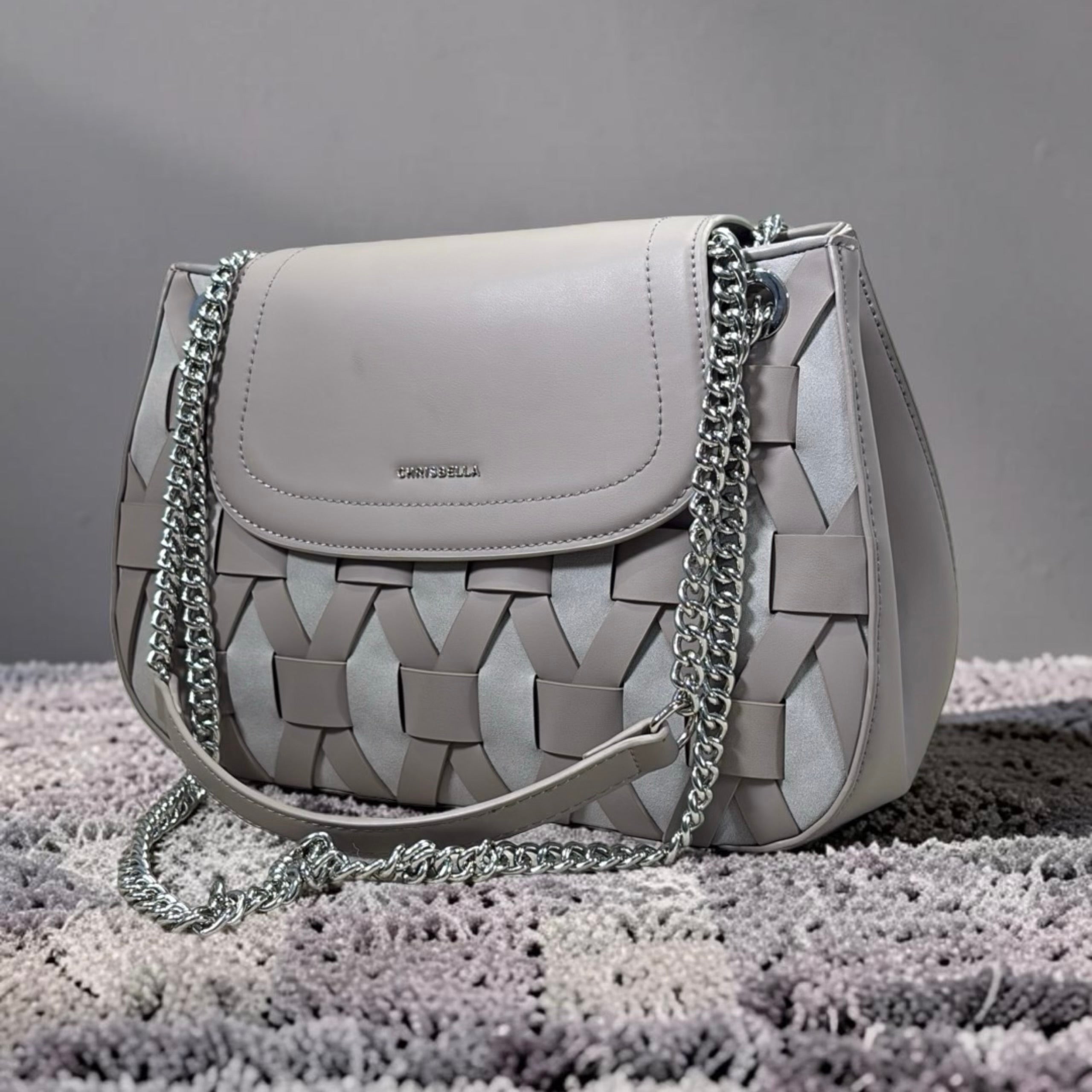 Chrisbella Woven Detail Chain Handle Sling bag in Grey