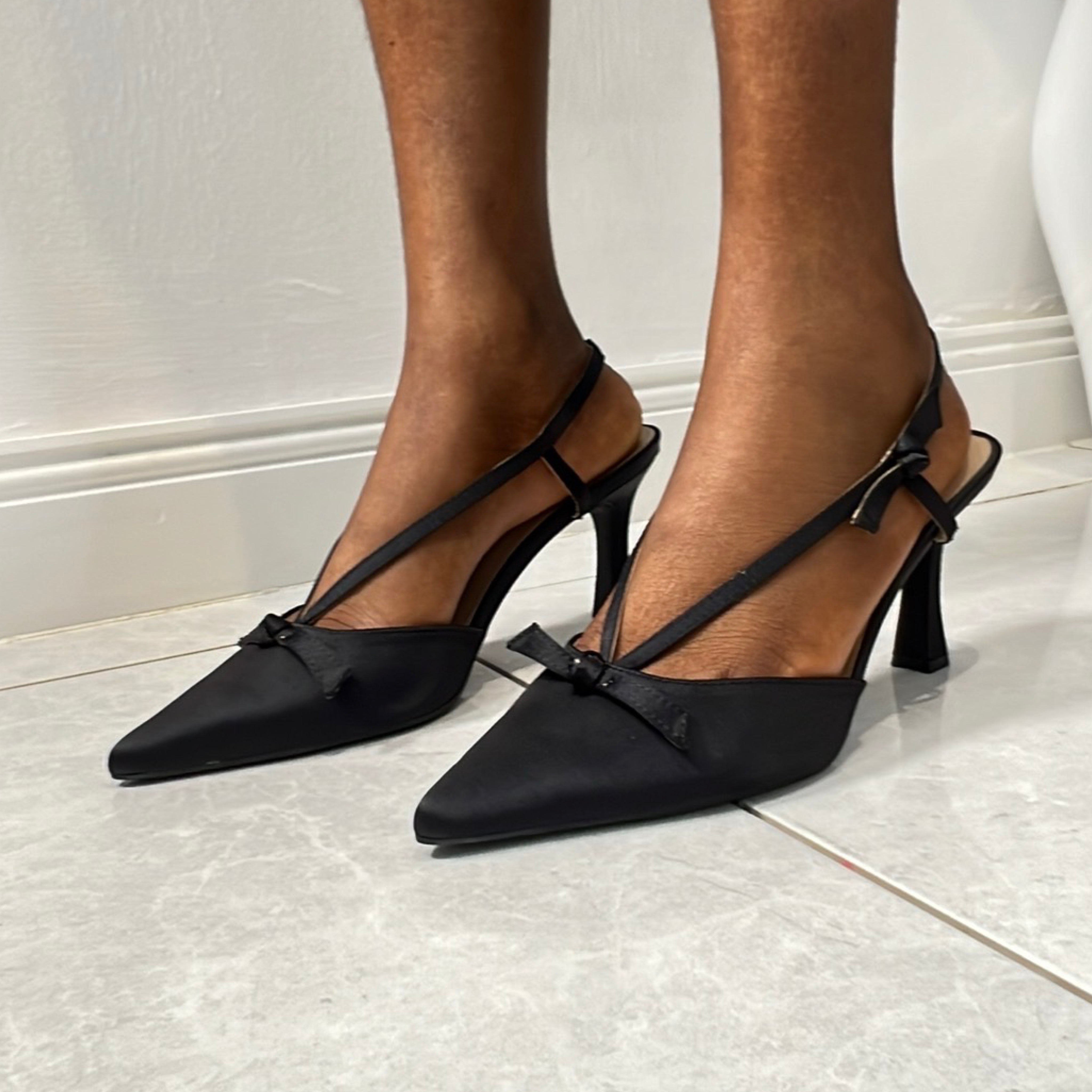 Unisa Satin Pointed Toe Slingback Heels in Black
