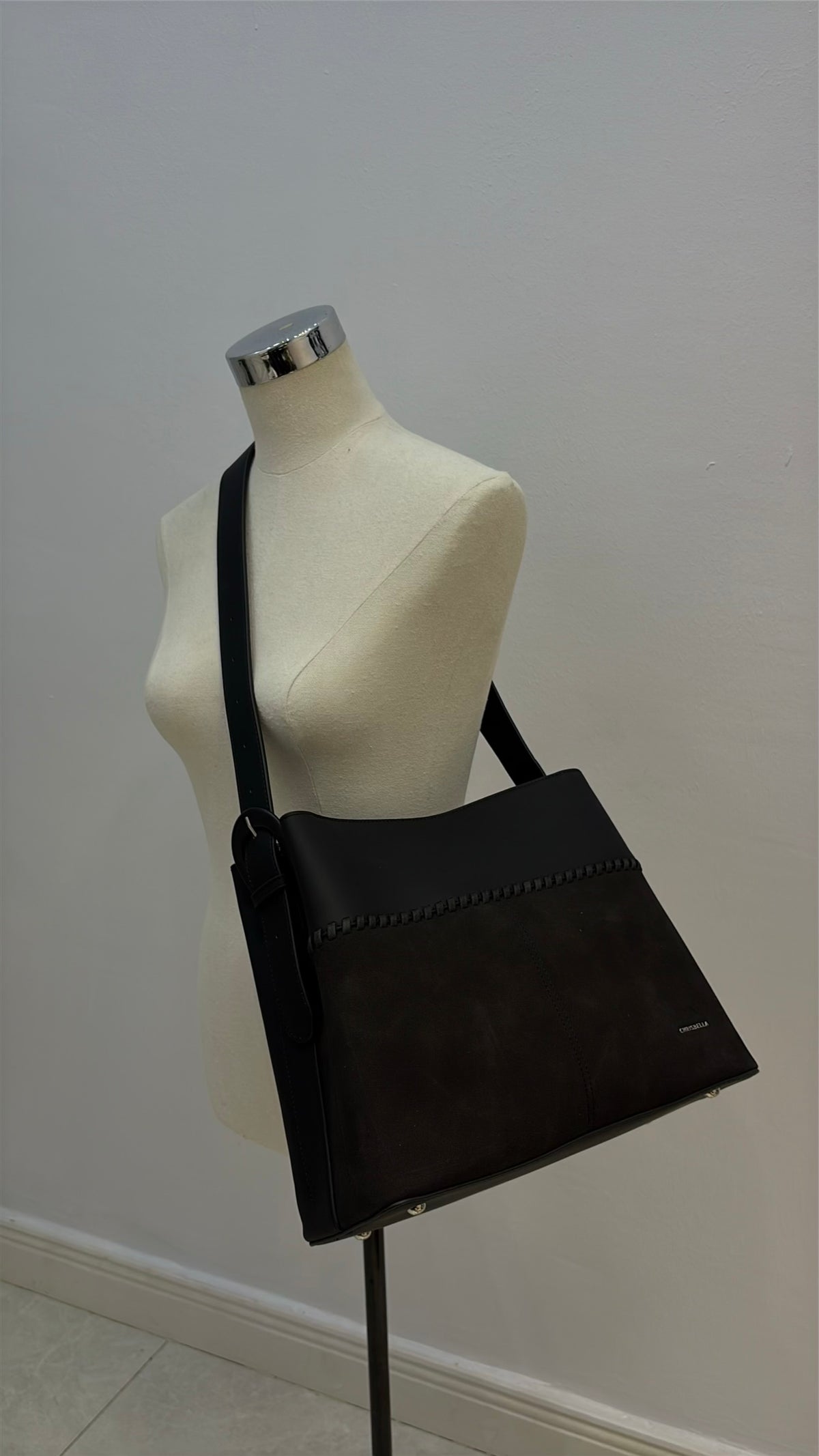 Chrisbella Single Belt Strap Bag Suede Detail Bag in Black