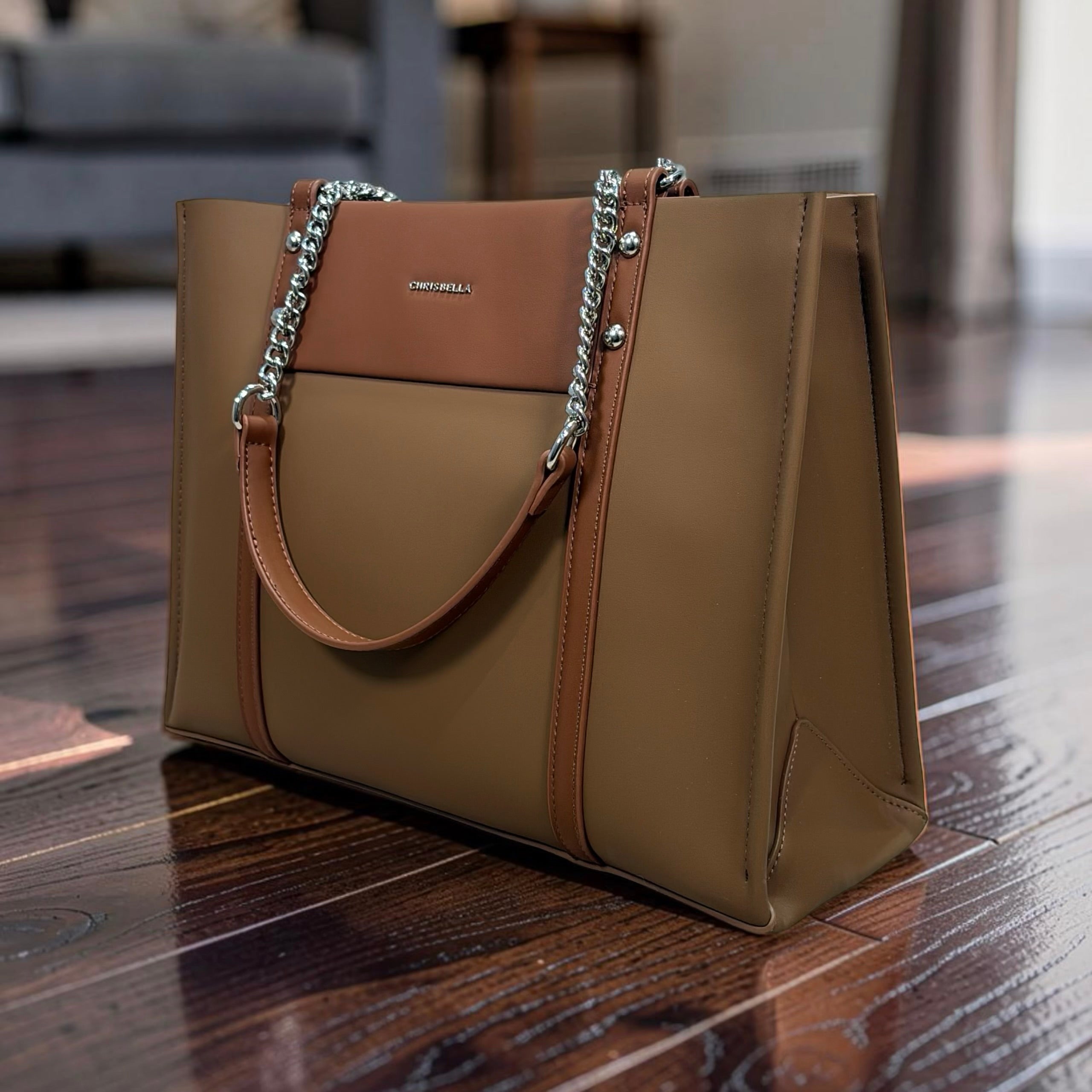 Chrisbella Two-Tone Chain Handle Bag in Brown