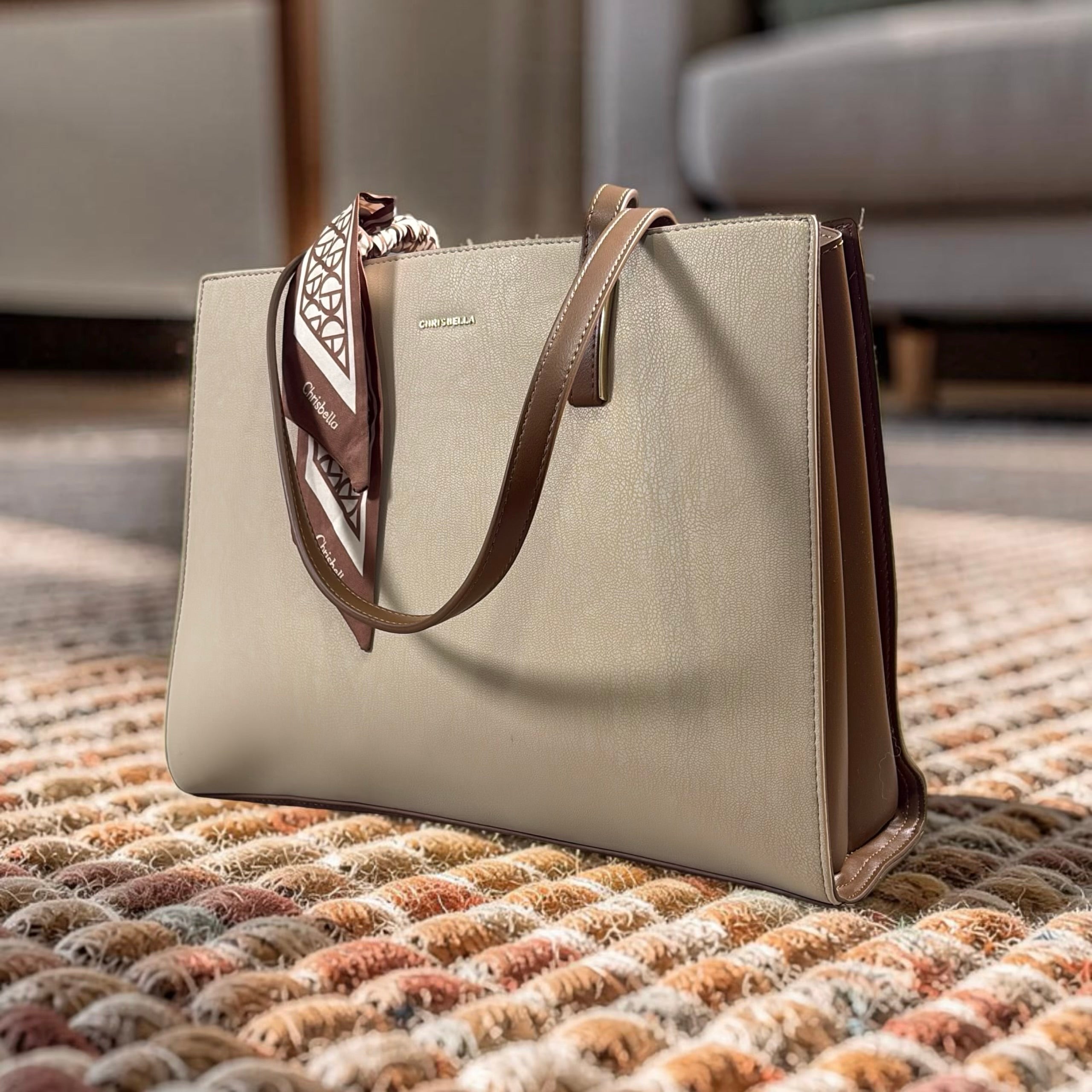 Chrisbella Scarf Detail Shoulder Tote in Cream