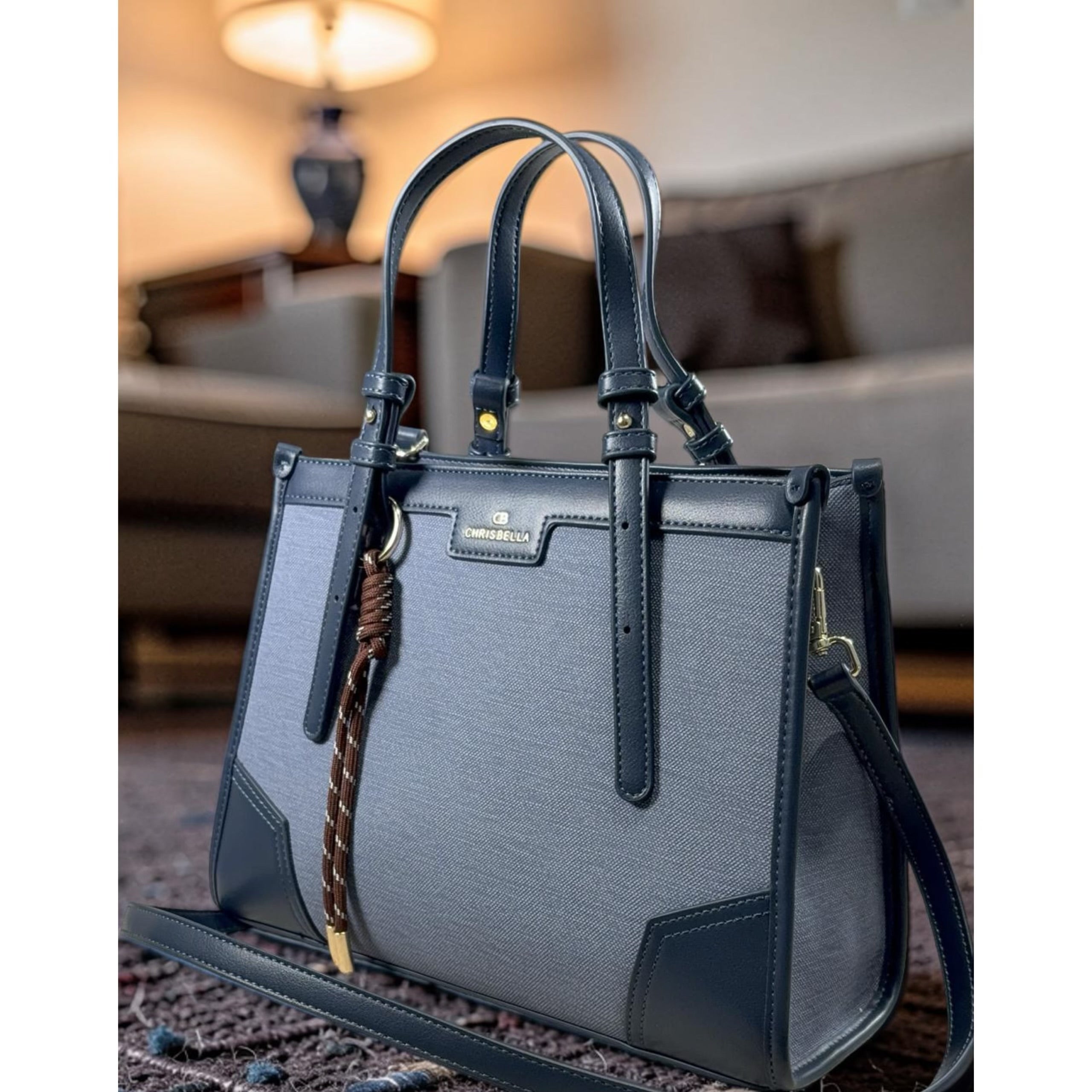 Chrisbella Double Top Handle Leather Tapping Bag in Navy