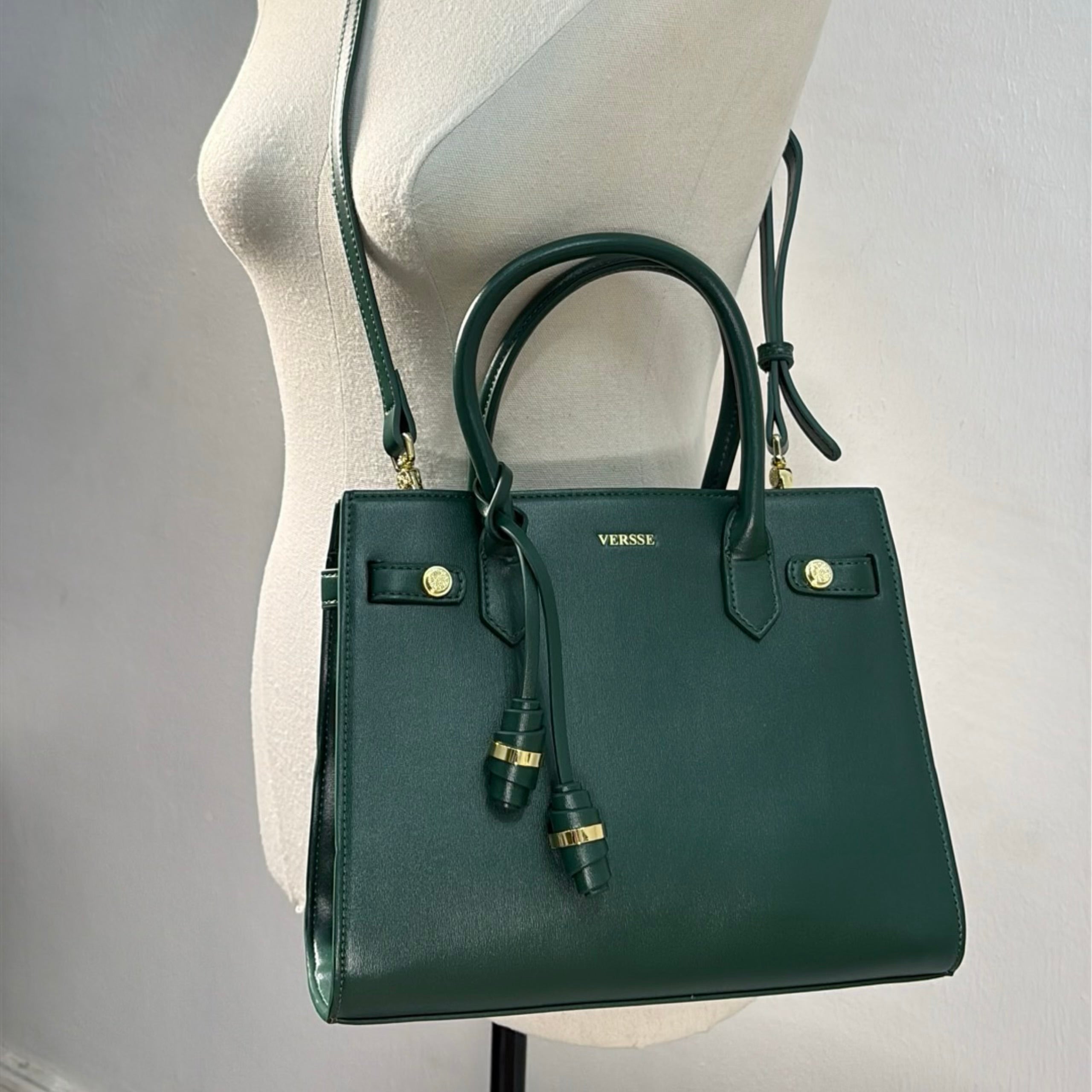 Versse Tassel Detail Structured Double Handle Bag in Green