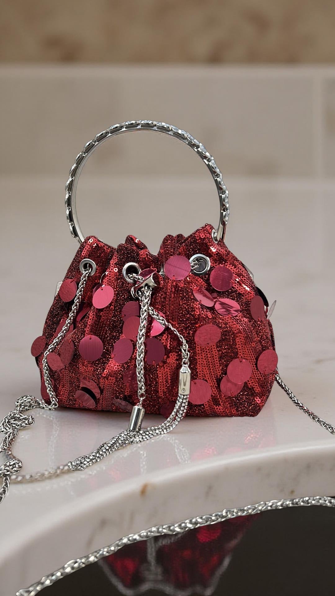 Cannes Top Handle Sequin Drawstring Purse in Red