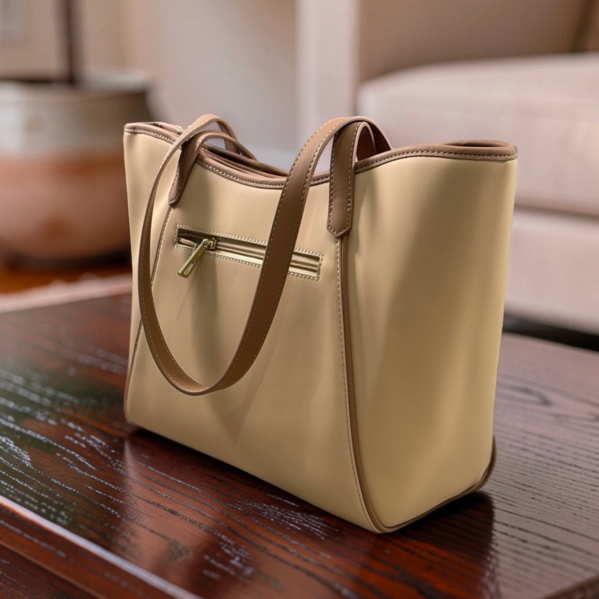 Chrisbella Large Two-Tone Bag in Beige