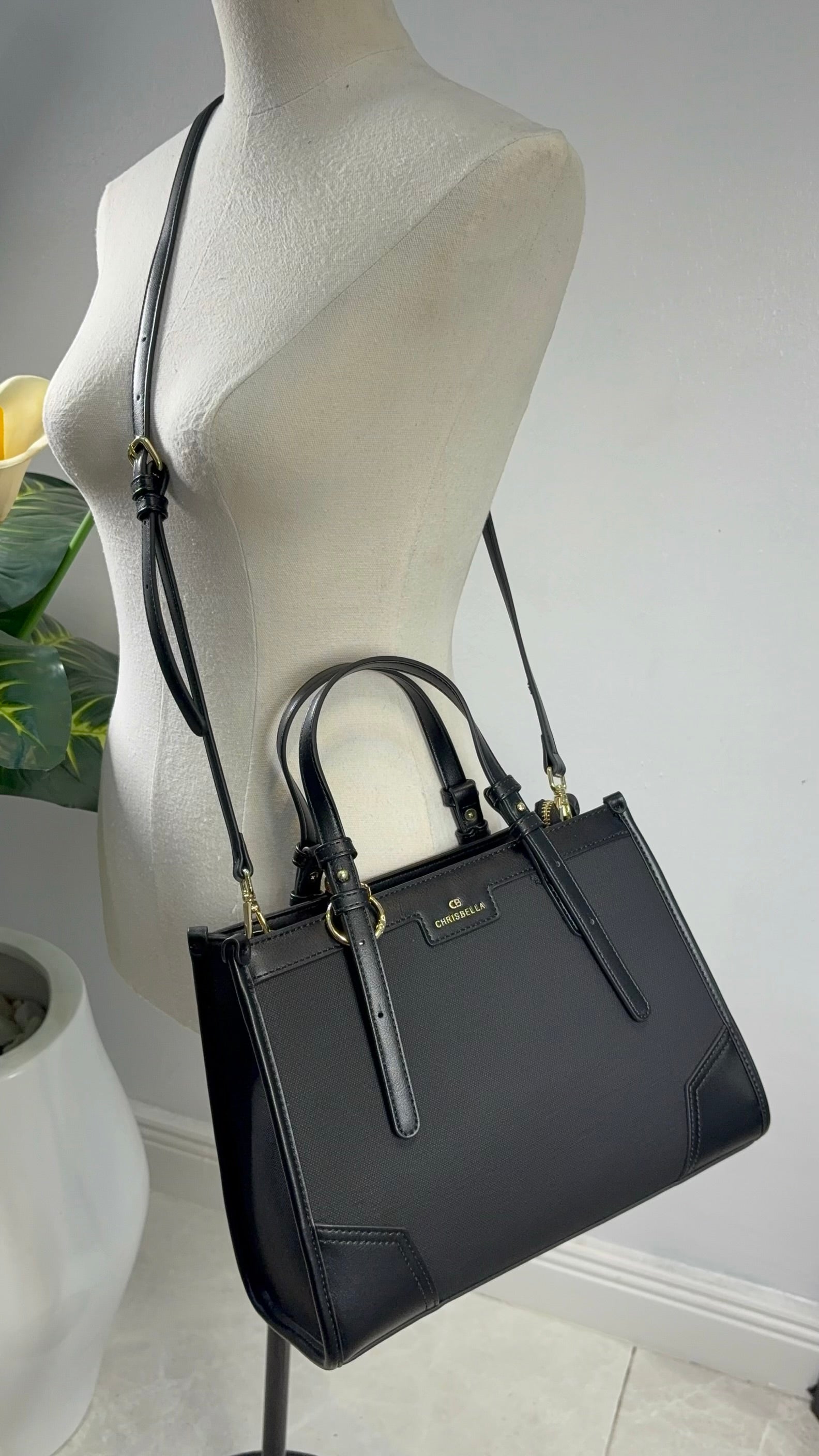 Chrisbella Double Top Handle Leather Tapping Bag in Black