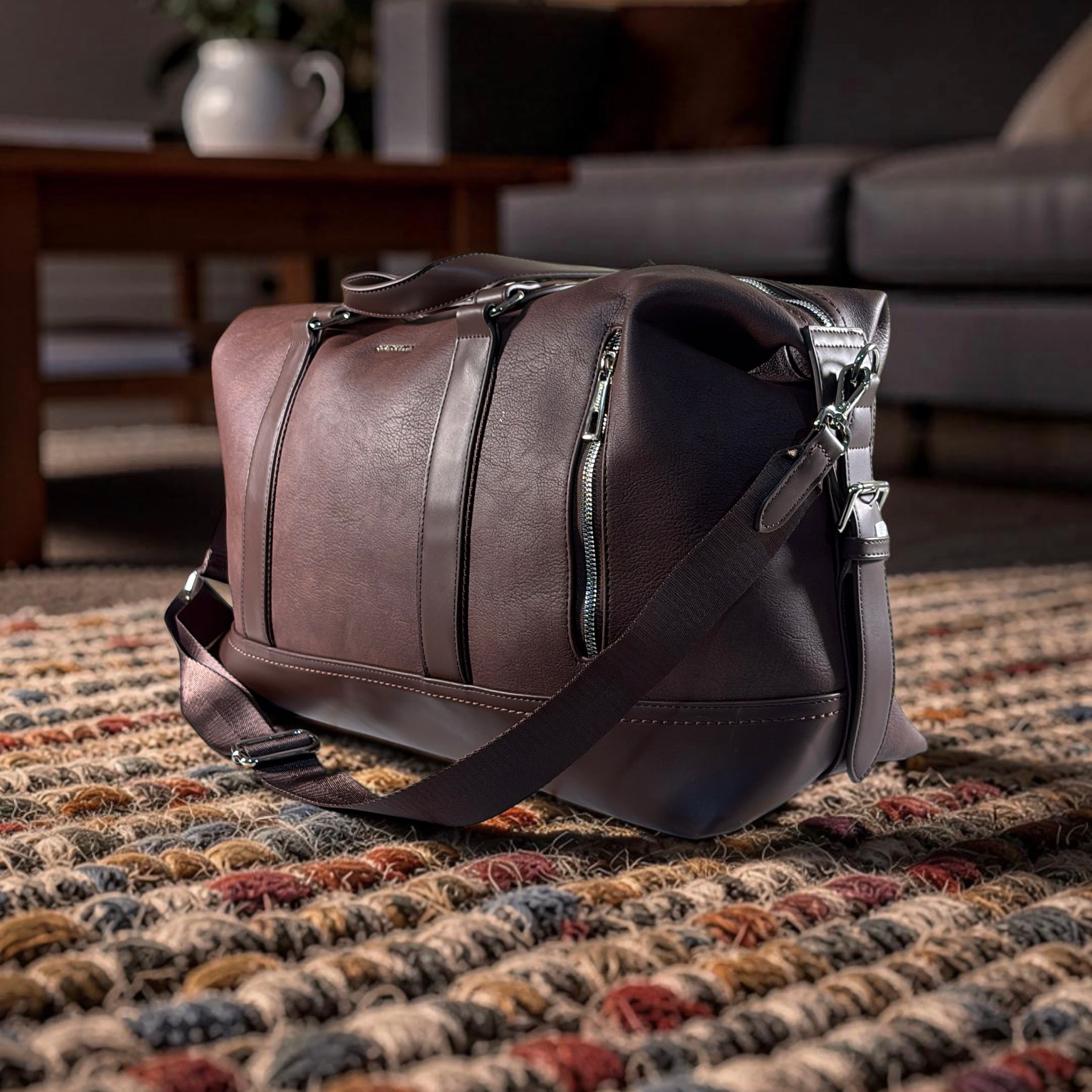 Chrisbella Leather Zip Design Travel Bag in Coffee