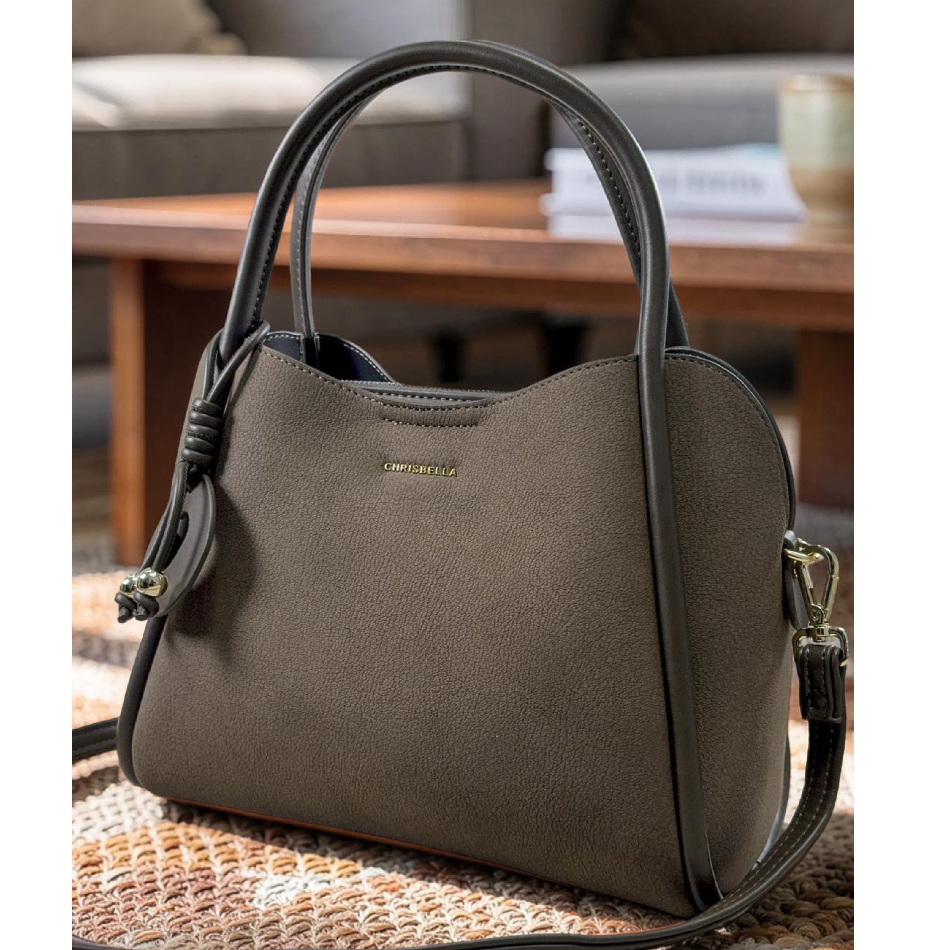 Chrisbella Leather Strap Triple Compartment Bag in Grey