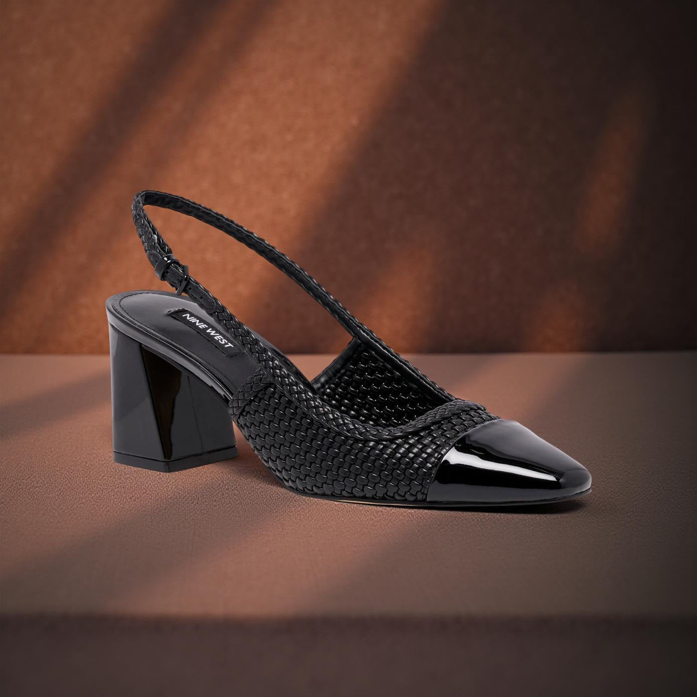 Nine West Toe Cap Woven Leather Block Heel Pump in Black