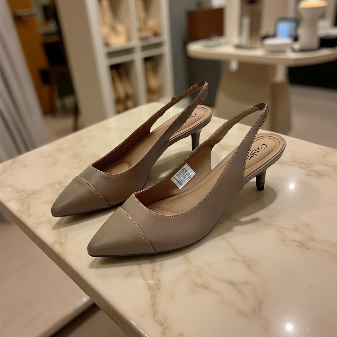 Comfort Plus Leather Slingback Heels in Taupe