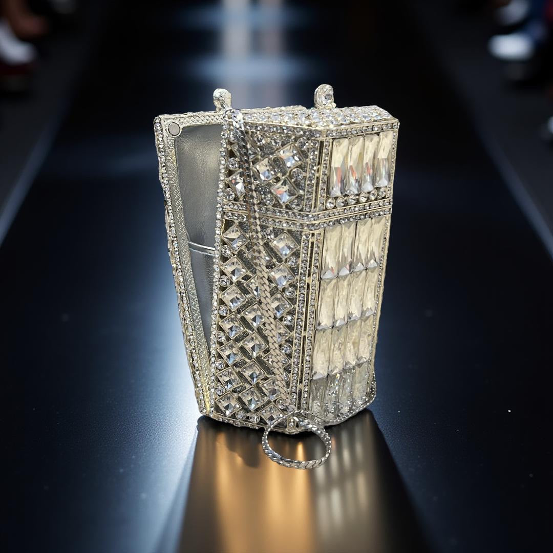 Florence Hexagon Clutch Purse with Crystals in Silver