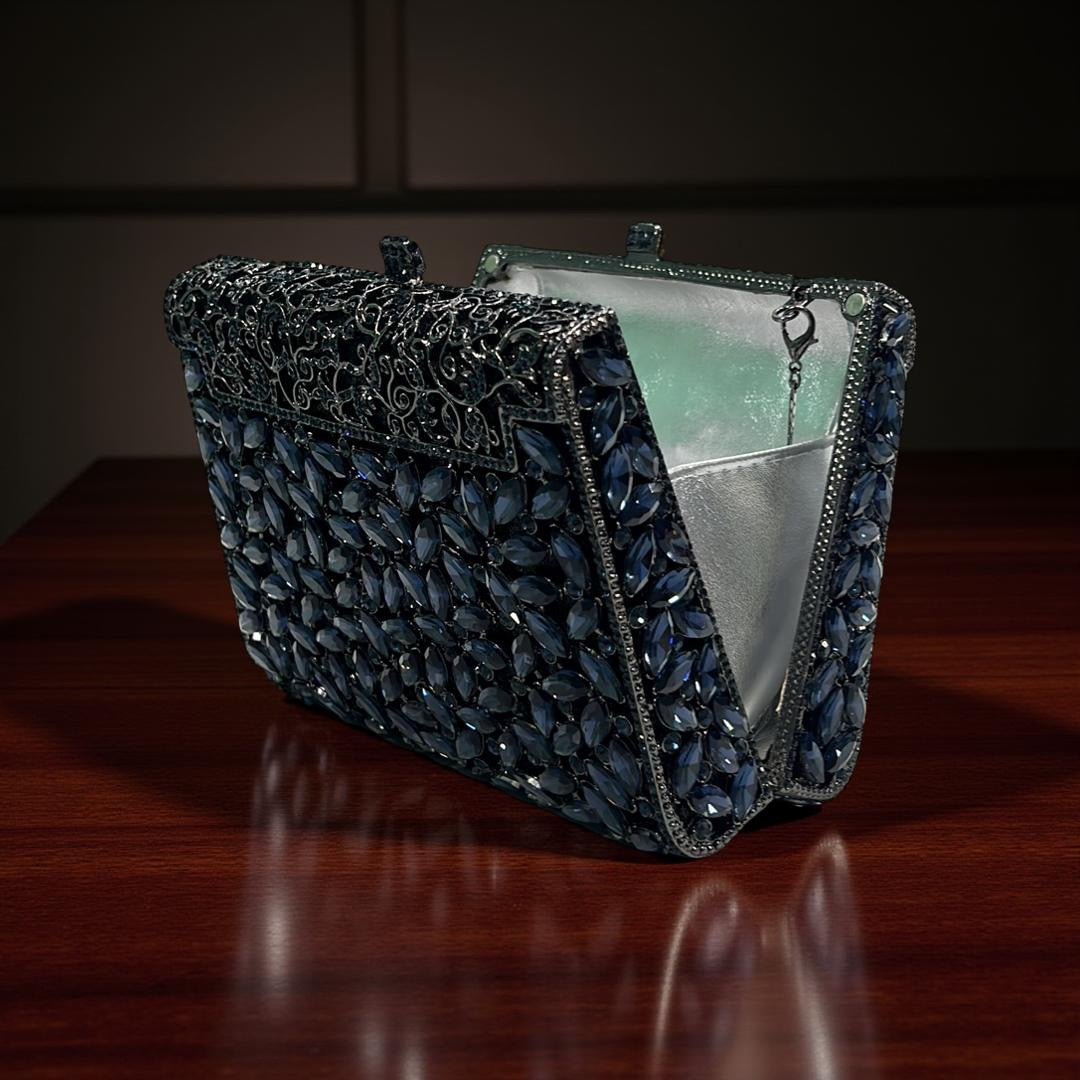 Milan Luxe Clutch Structured Party Purse with Stones in Navy