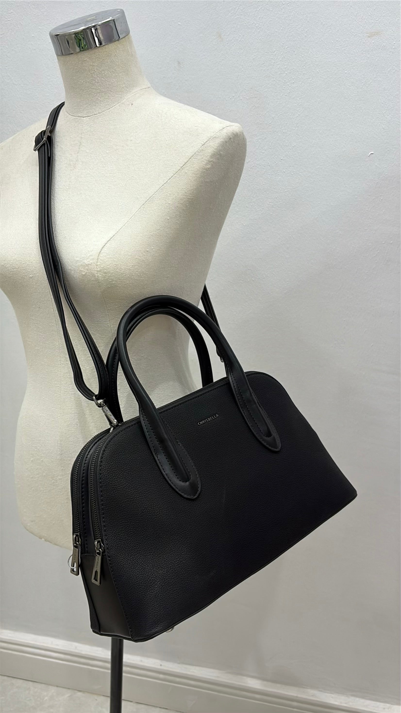 Chrisbella Double Comparment Matte Leather Bag in Black
