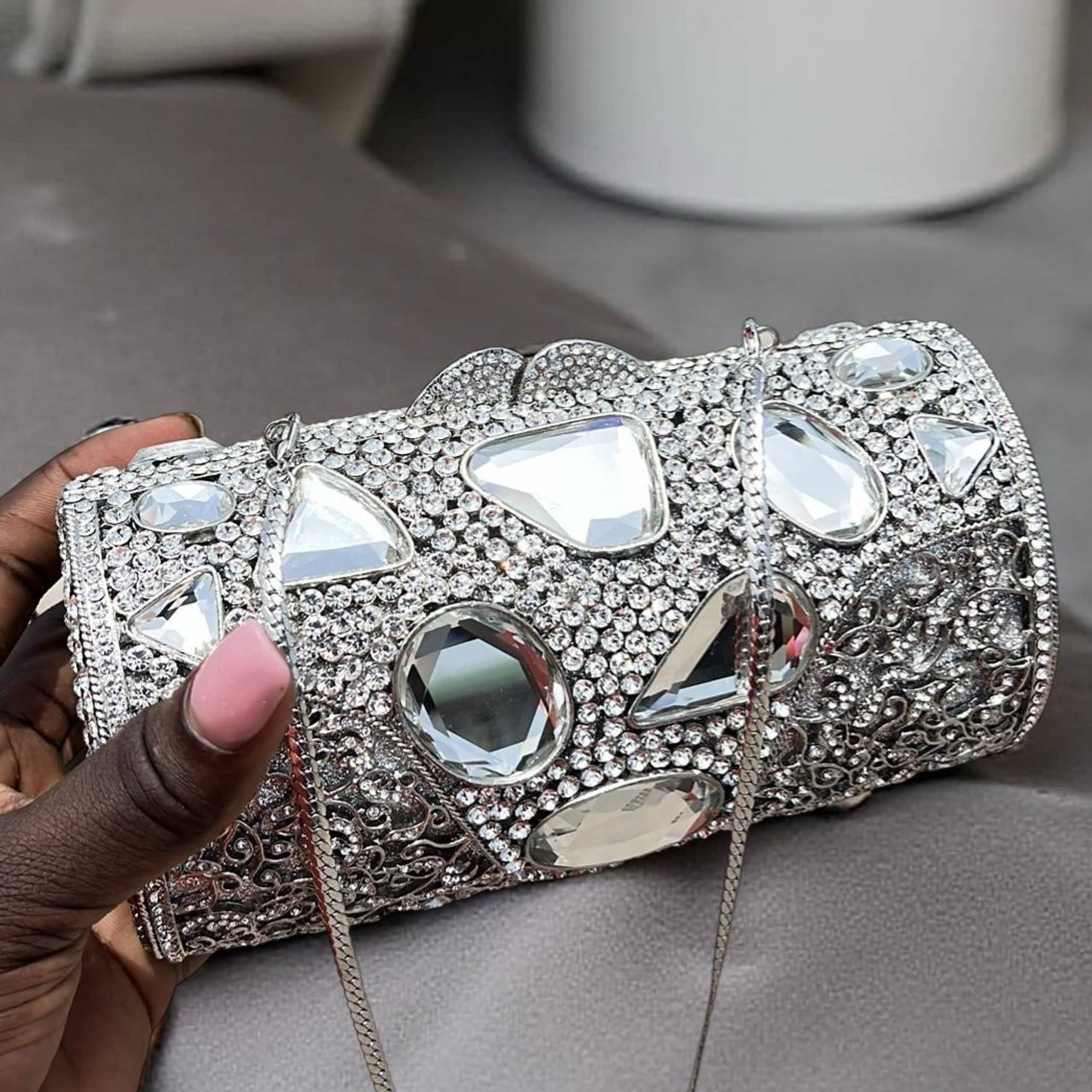 Monaco Sparkle Clutch Silver Rhinestone Evening Bag with Chain Strap