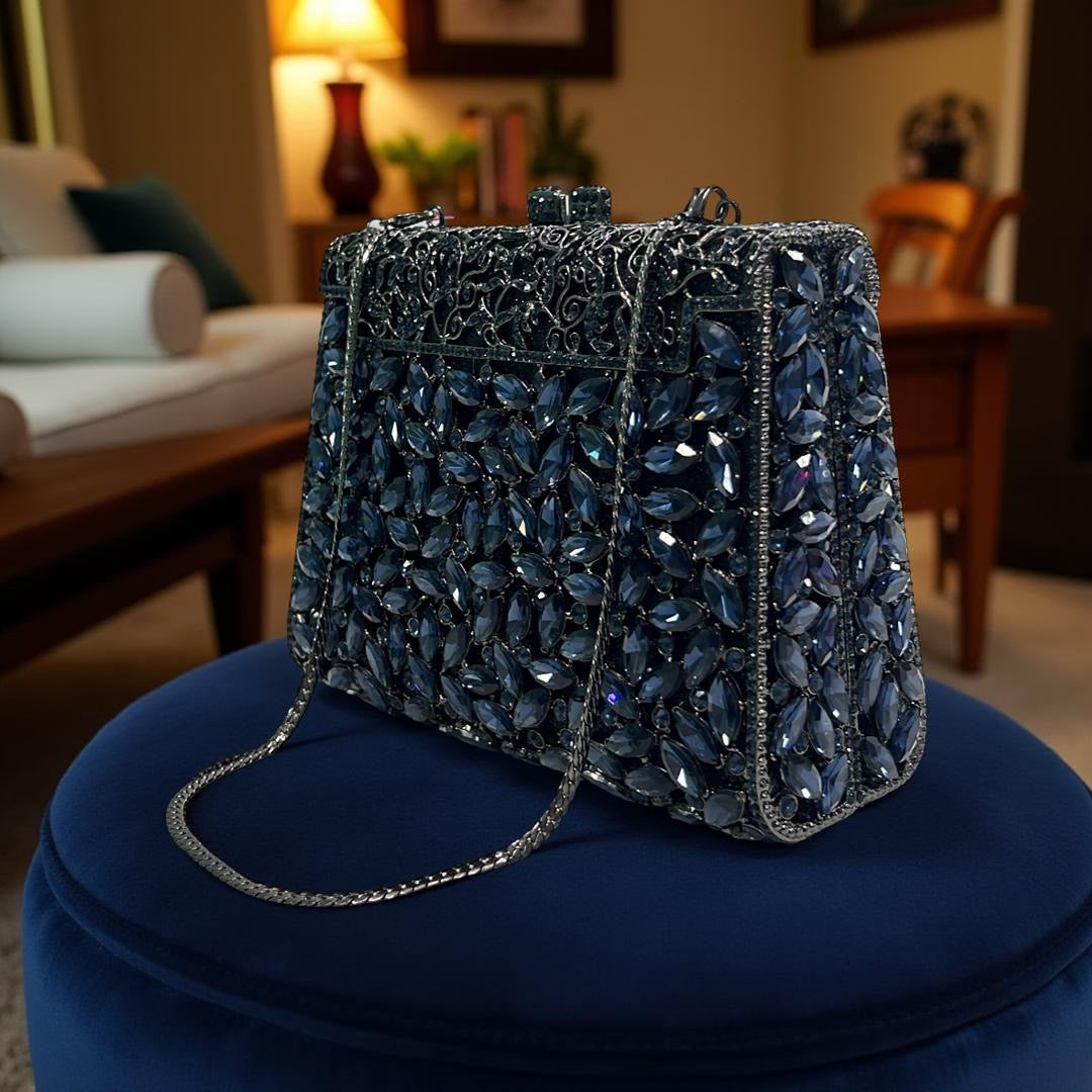 Milan Luxe Clutch Structured Party Purse with Stones in Navy
