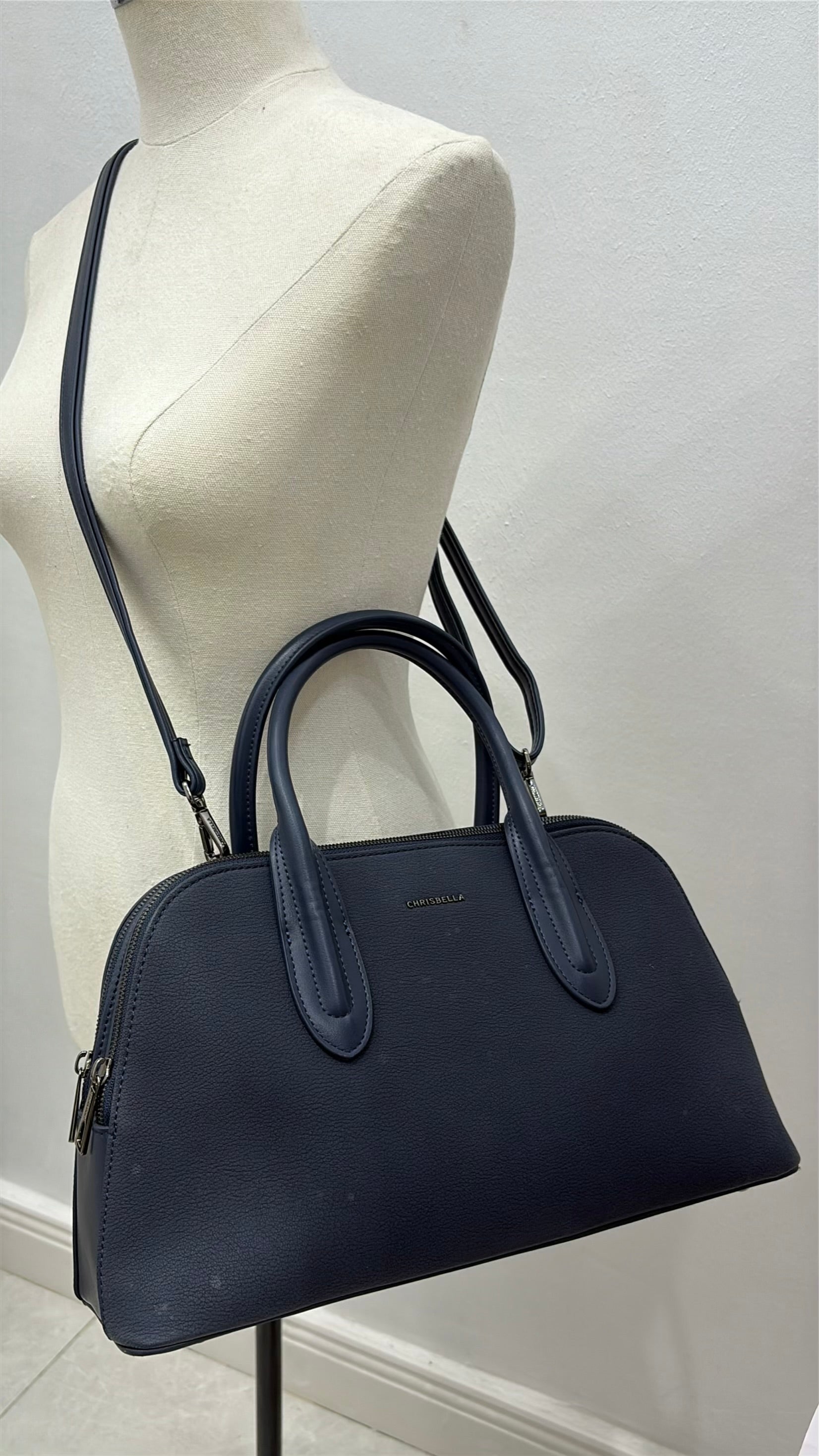 Chrisbella Double Comparment Matte Leather Bag in Navy