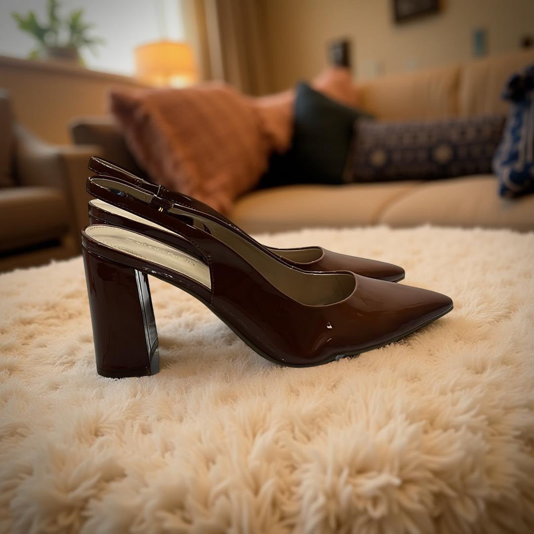 Calvin Klein Patent Leather Pointed Toe Block Heel Slingbacks in Cognac