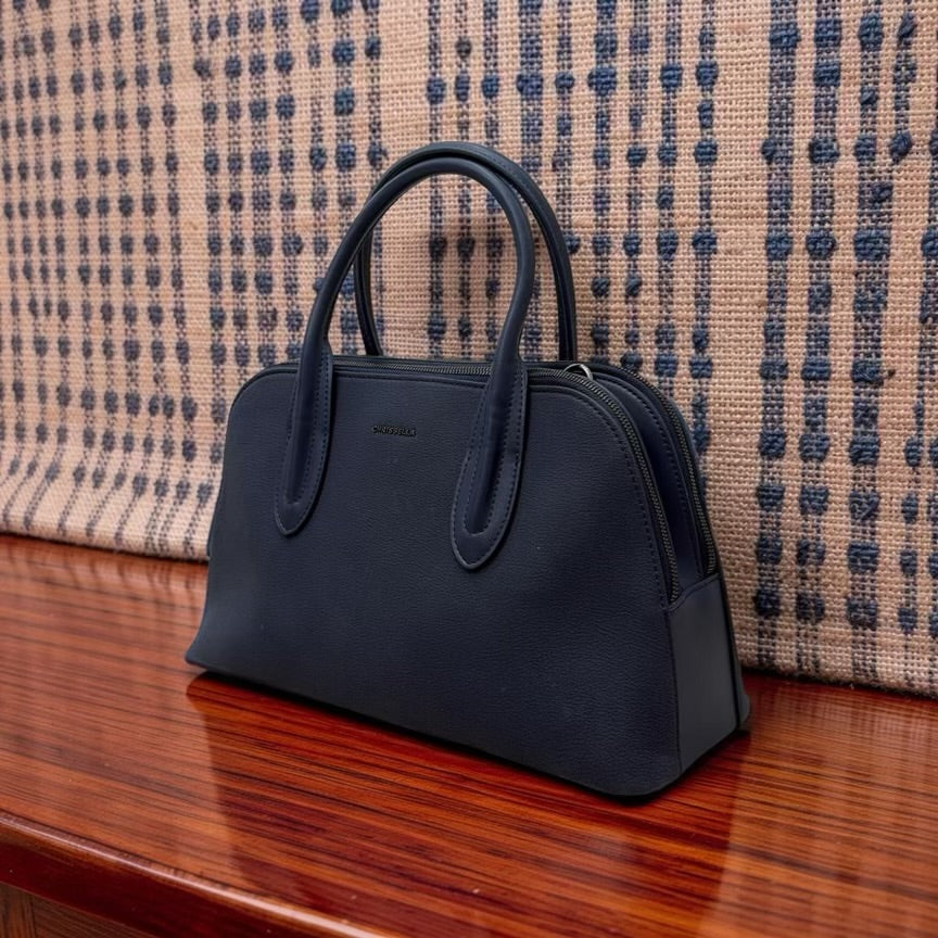 Chrisbella Double Comparment Matte Leather Bag in Navy