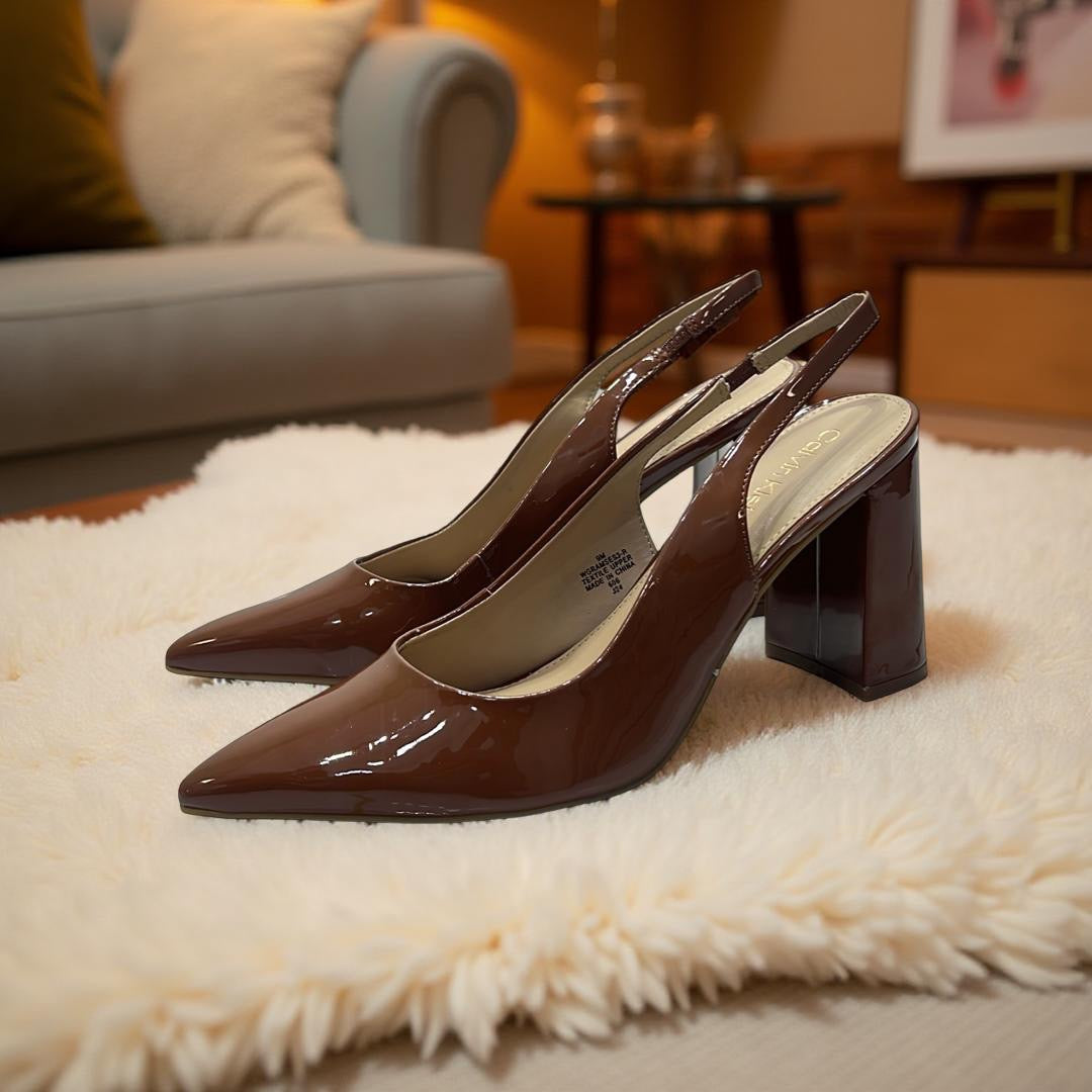 Calvin Klein Patent Leather Pointed Toe Block Heel Slingbacks in Cognac