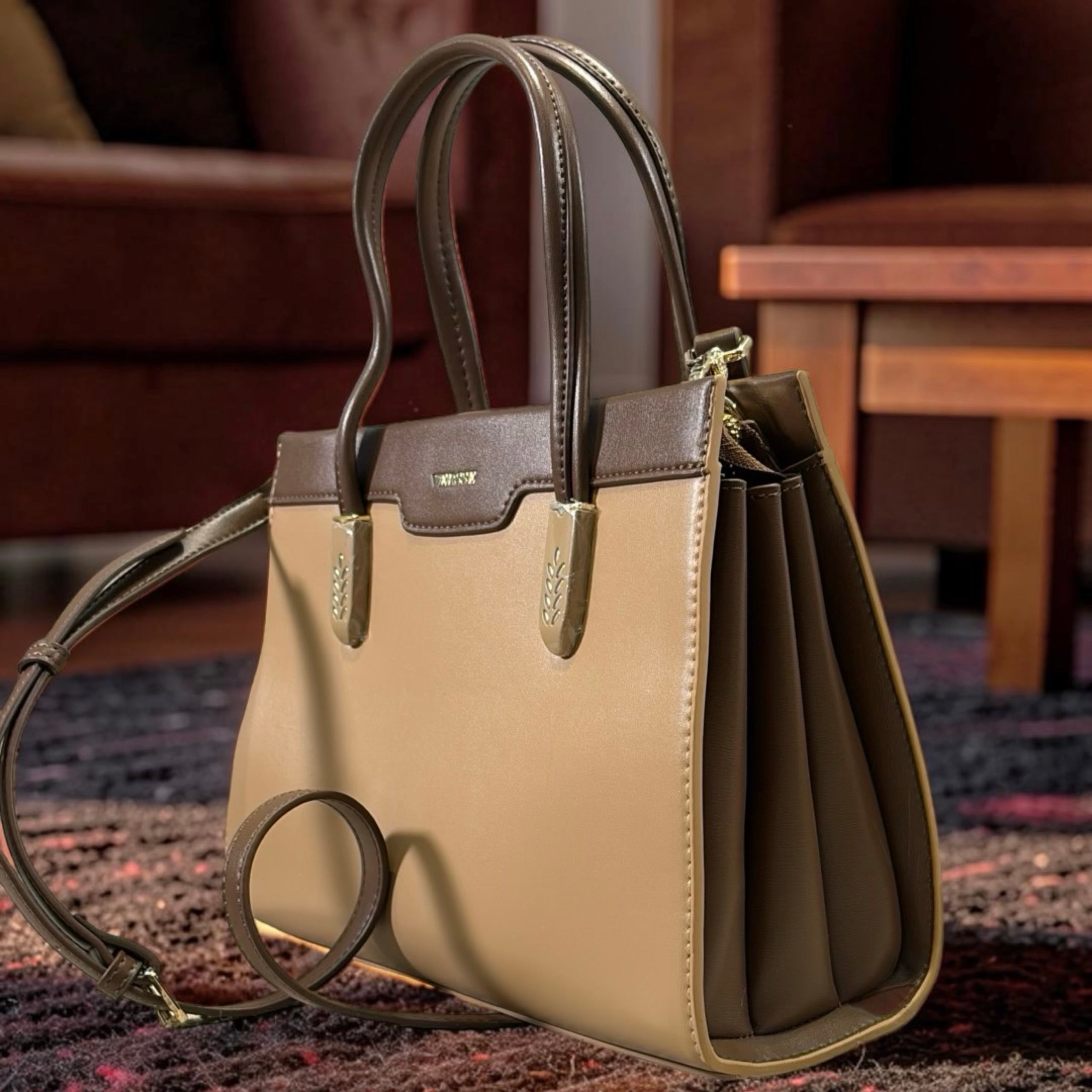 Versse Detail Handle Structured Bag in Coffee
