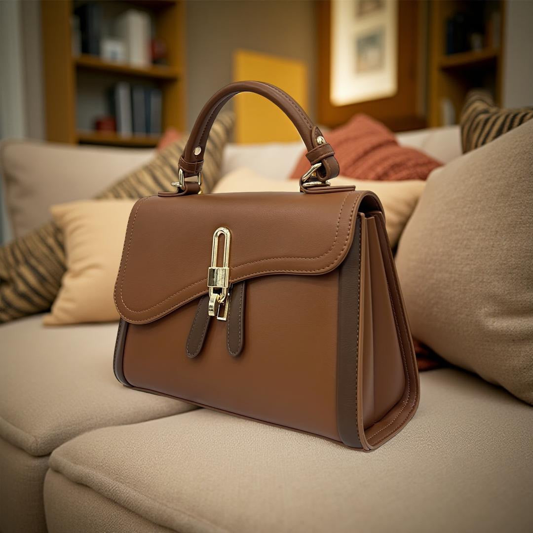 Bagco Top Handle Lock-Detail Structured Bag in Brown