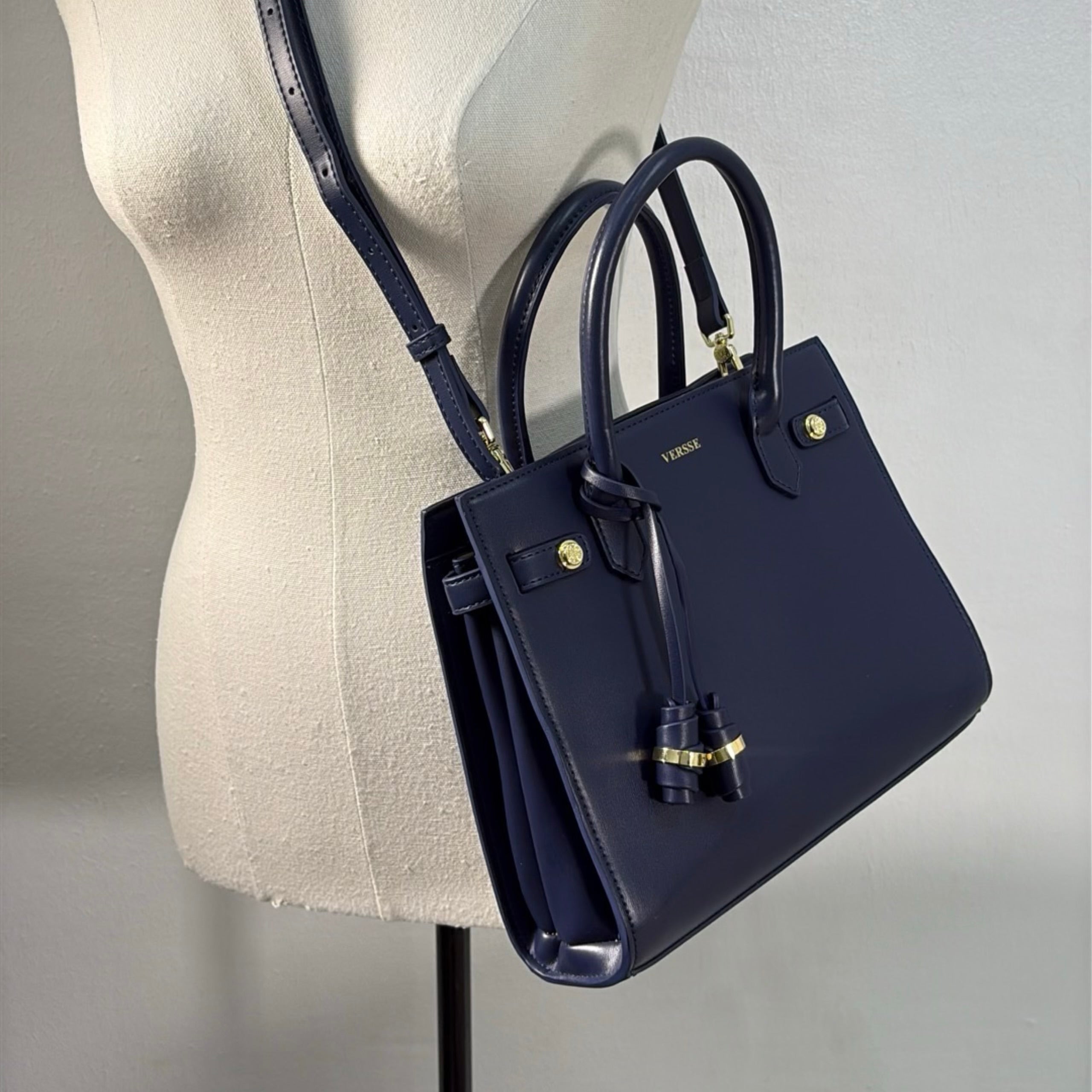 Versse Tassel Detail Structured Double Handle Bag in Navy